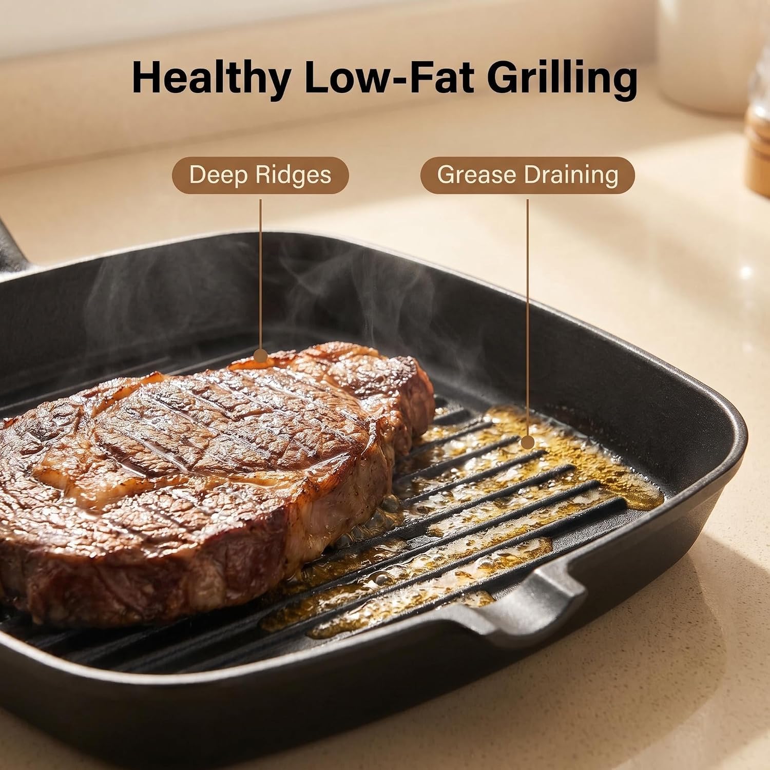 Cast Iron Grill Pan, 9 inch Griddle Pan Skillet with Wooden Handle, Kitchen Tong & Oil Brush included