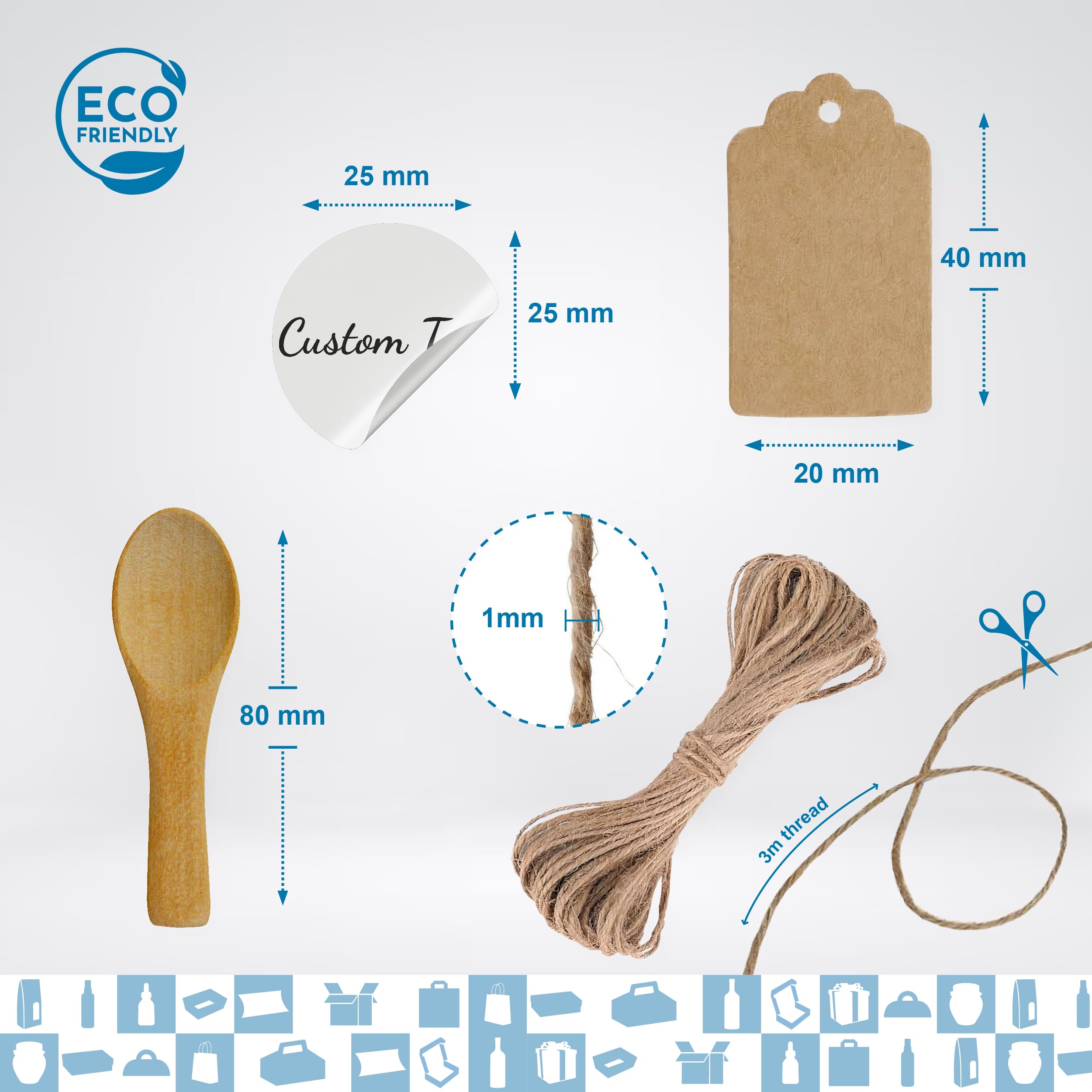 20 x Quadratisches Glas 150 ml mit Deckel + 20 Dosen + 20 Löffel aus Holz + 20 Etiketten aus Kraftpapier + 20 selbstklebende Etiketten + Stoff und Juteschnur – Gewürze, Marmelade, Joghurt, 20 Stück