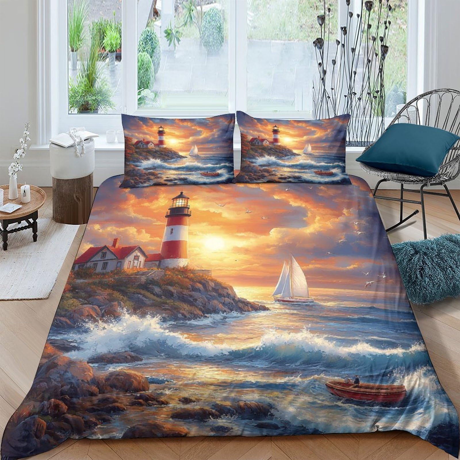 Ctjqhvkz Style-3 3D Printed Lighthouse Sunset Fitted Sheet Microfiber Soft Breathable Ocean Wave Bed Cover For Bedroom Guest Room Decor Single（135X200cm）