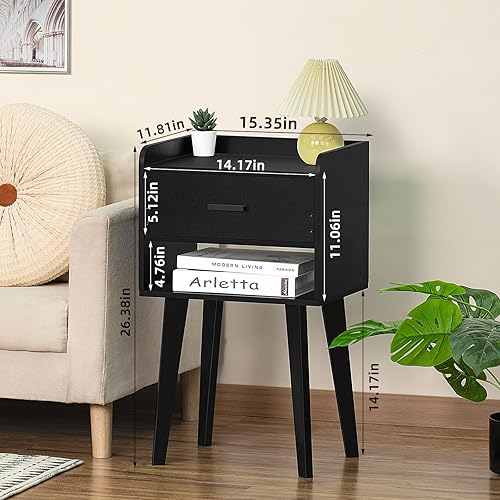 Miniatura 6 de Lerliuo Juego de 2 mesitas de noche negras, mesa auxiliar de cama moderna con cajón, mesa auxiliar de madera para espacios pequeños, mesa auxiliar