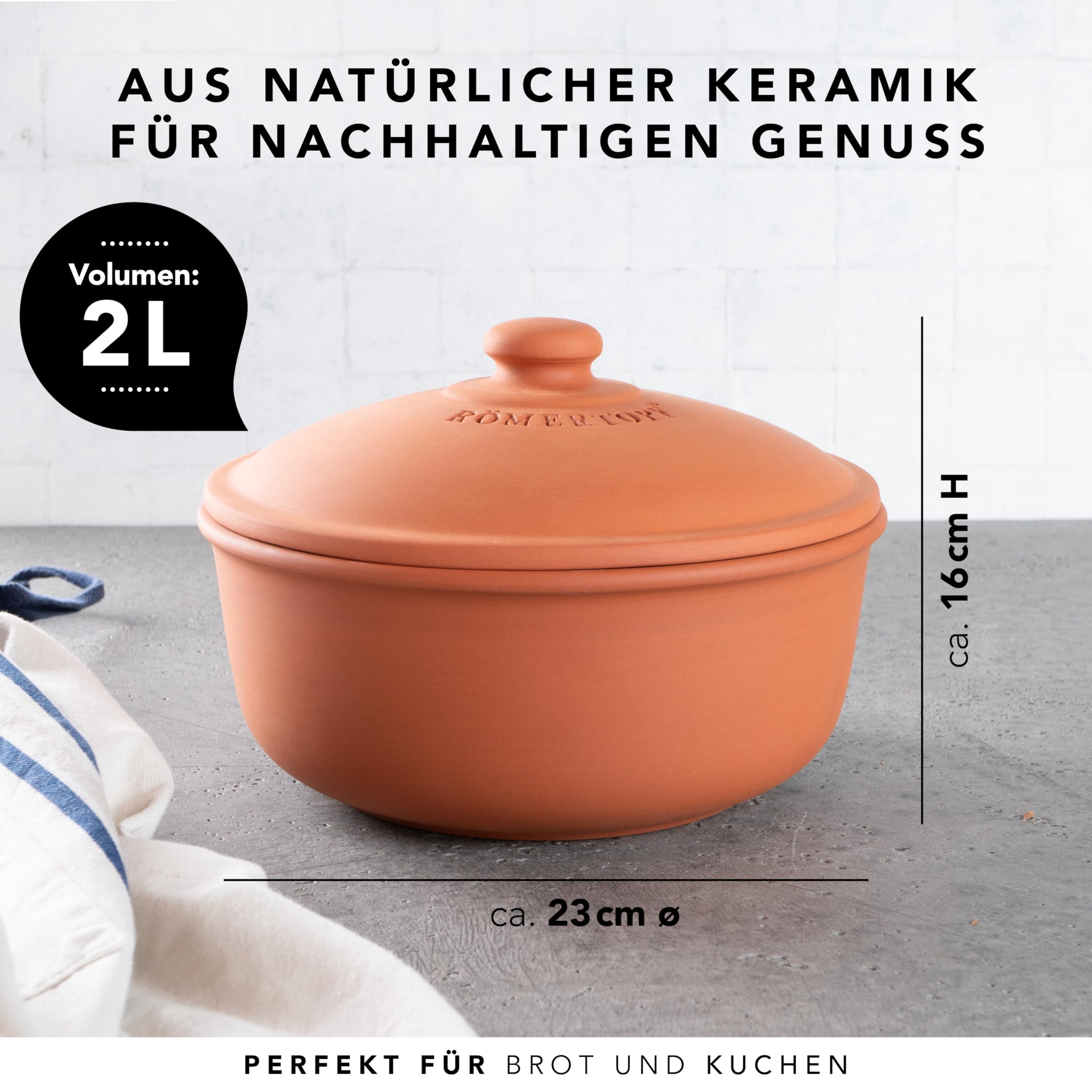 Römertopf Brot-Back-Topf aus Naturton, Ø 23 cm, runde Brotbackform mit Deckel, glasiertes Unterteil, unglasierter Deckel für Dampf/Schwaden, knusprige Kruste & luftige Krume, ofenfest