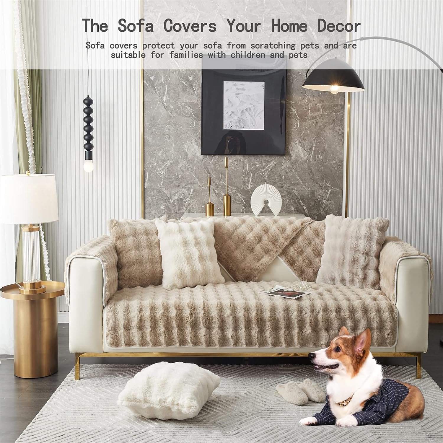 Thick Plush Sofa Cover Sofa Slipcover Corner 3/2/1/4 Seater Universal Quilted Couch Cover Anti-Slip L Shape Super Soft Velvet Protector Sofa Cushion for Living Room (Light Coffee,110x160cm)