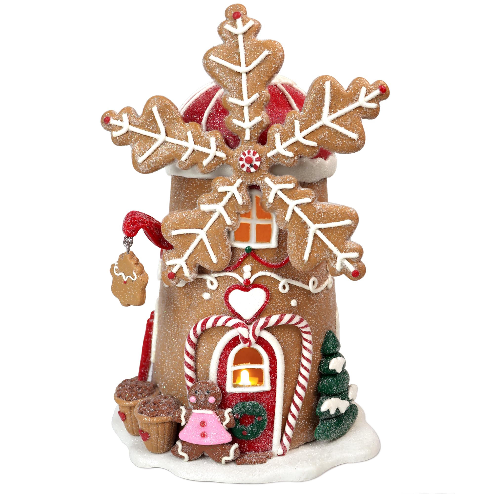 KPCB TechGingerbread Christmas Decor - Lighted Gingerbread House Decorations with Timer - 9.8 Inches Handcrafted Windmill Figurines - Holiday Decor for Party Centerpiece, Mantel, Dining Table