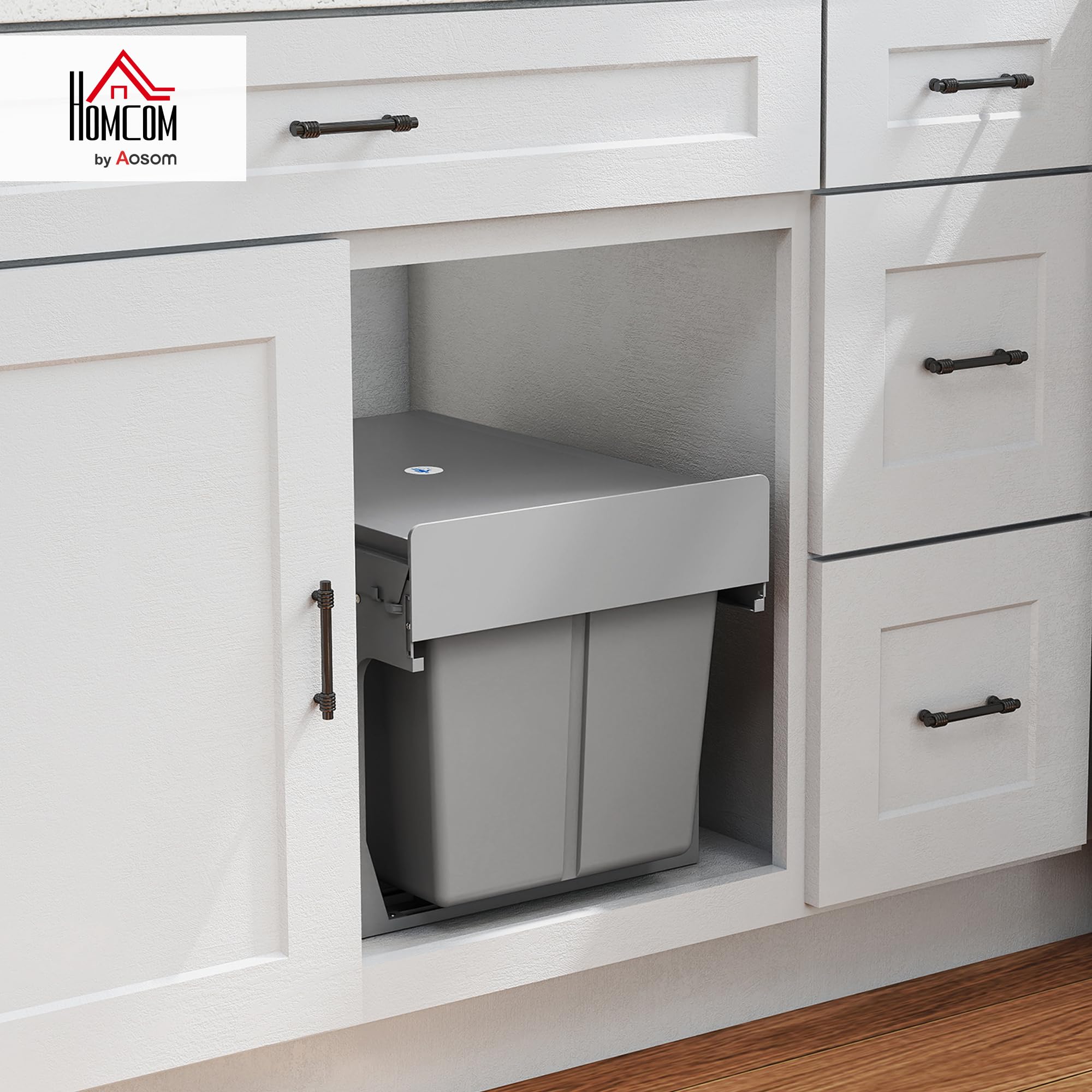 HOMCOM Pattumiera Estraibile Sottolavello 48x34.3x35.1 cm Grigio Chiaro | per Raccolta Differenziata 31L, Bidone Rifiuti, 3 Secchi Rimovibili, con Piano Superiore