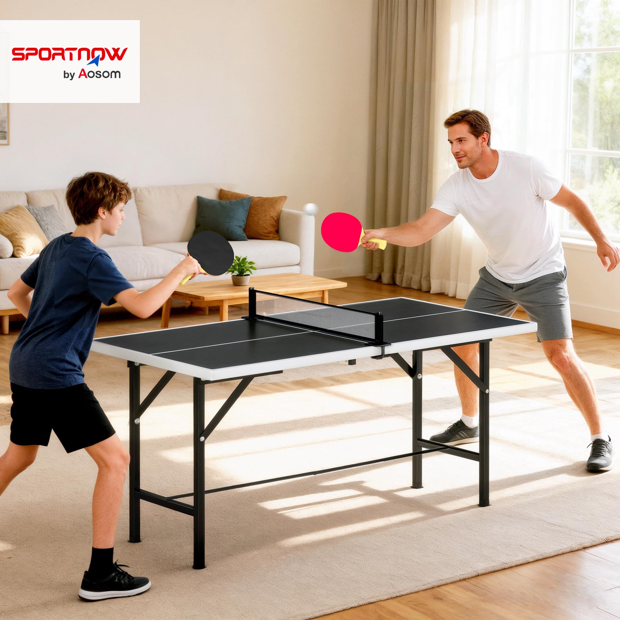 SPORTNOW Mini Mesa de Ping Pong Plegable 152x76x70 cm, Exterior con Red, 2 Raquetas y 3 Pelotas, Negro