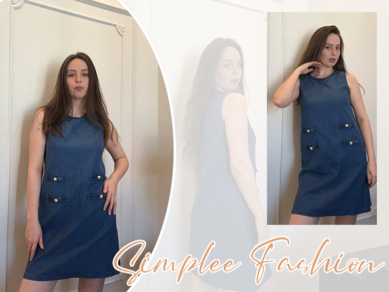 Simplee Summer Dresses for Women 2026 Denim Crew Neck Vintage Dresses Elegant Cute Mini Jean Dress with Pockets(Dark Denim Blue XS) at Amazon Women's Clothing store