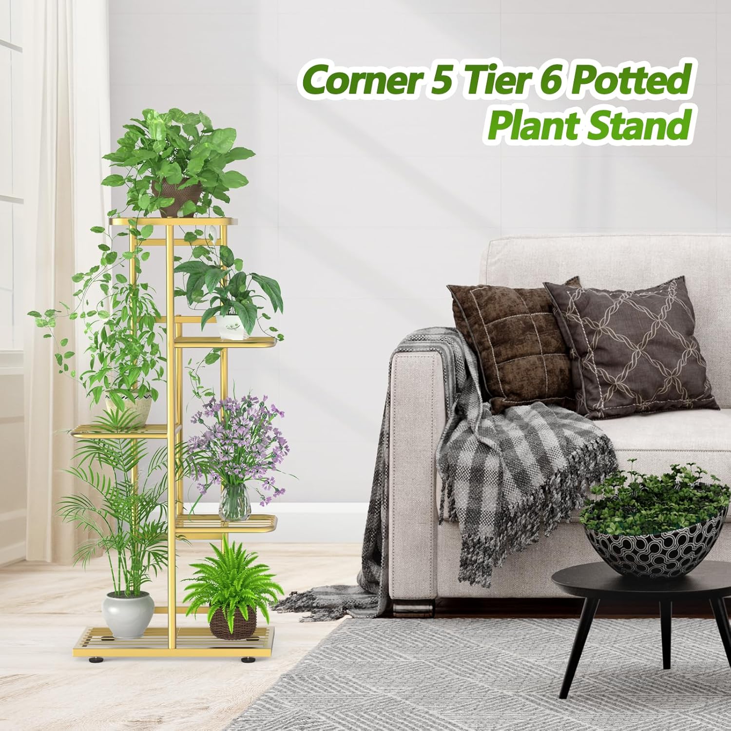 5 Tier 6 Potted Gold Plant Stand Indoor Outdoor with Gardening Tools and Gloves, Upgraded Corner Metal Plant Rack Units Shelf for Multiple Plants, Flower Pot Holder Display for Patio, Balcony, Living