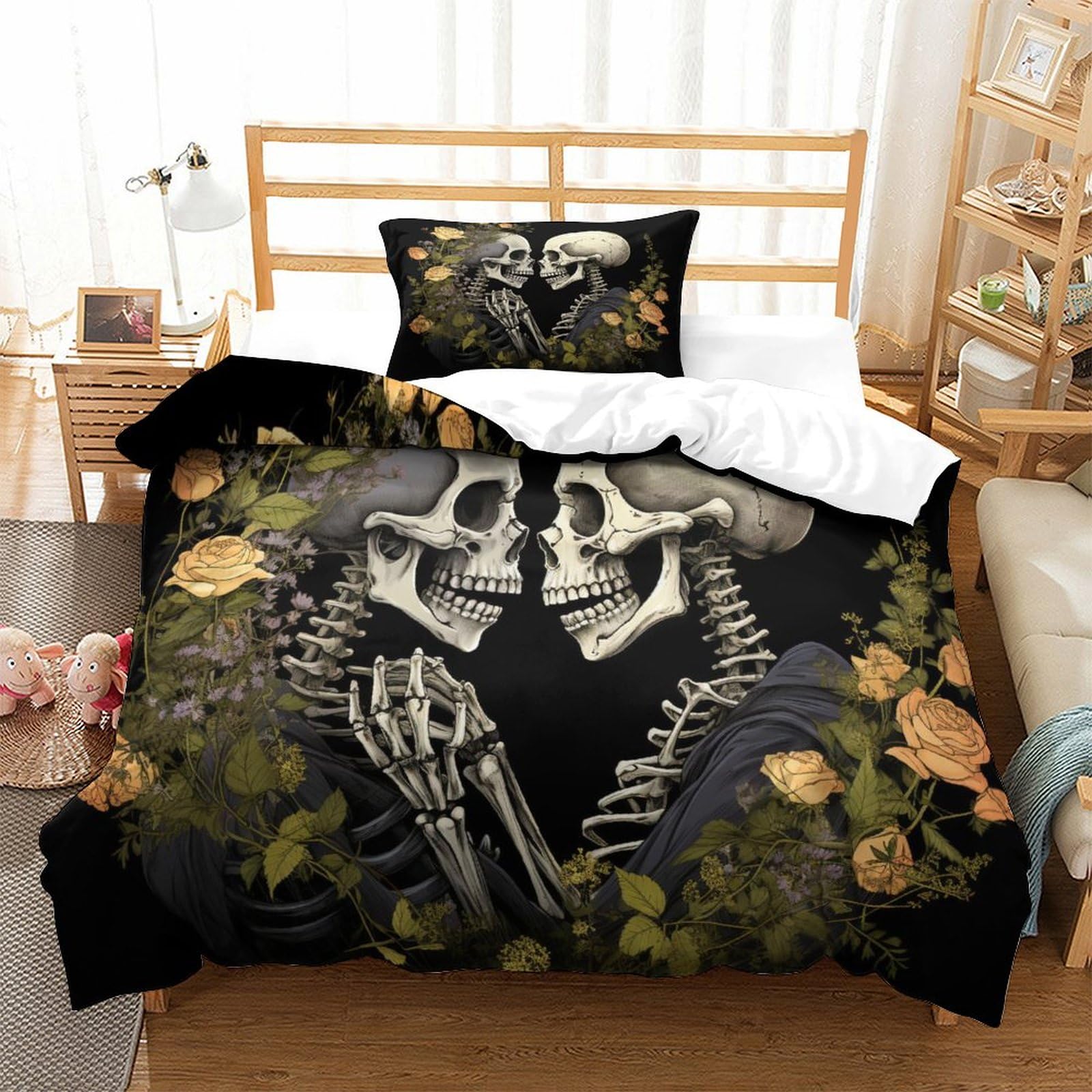 P1S9U7W5Y Romantic 3D Printed Skeleton Rose Duvet Cover Set 3pcs Microfiber Gothic Bedding Set Single