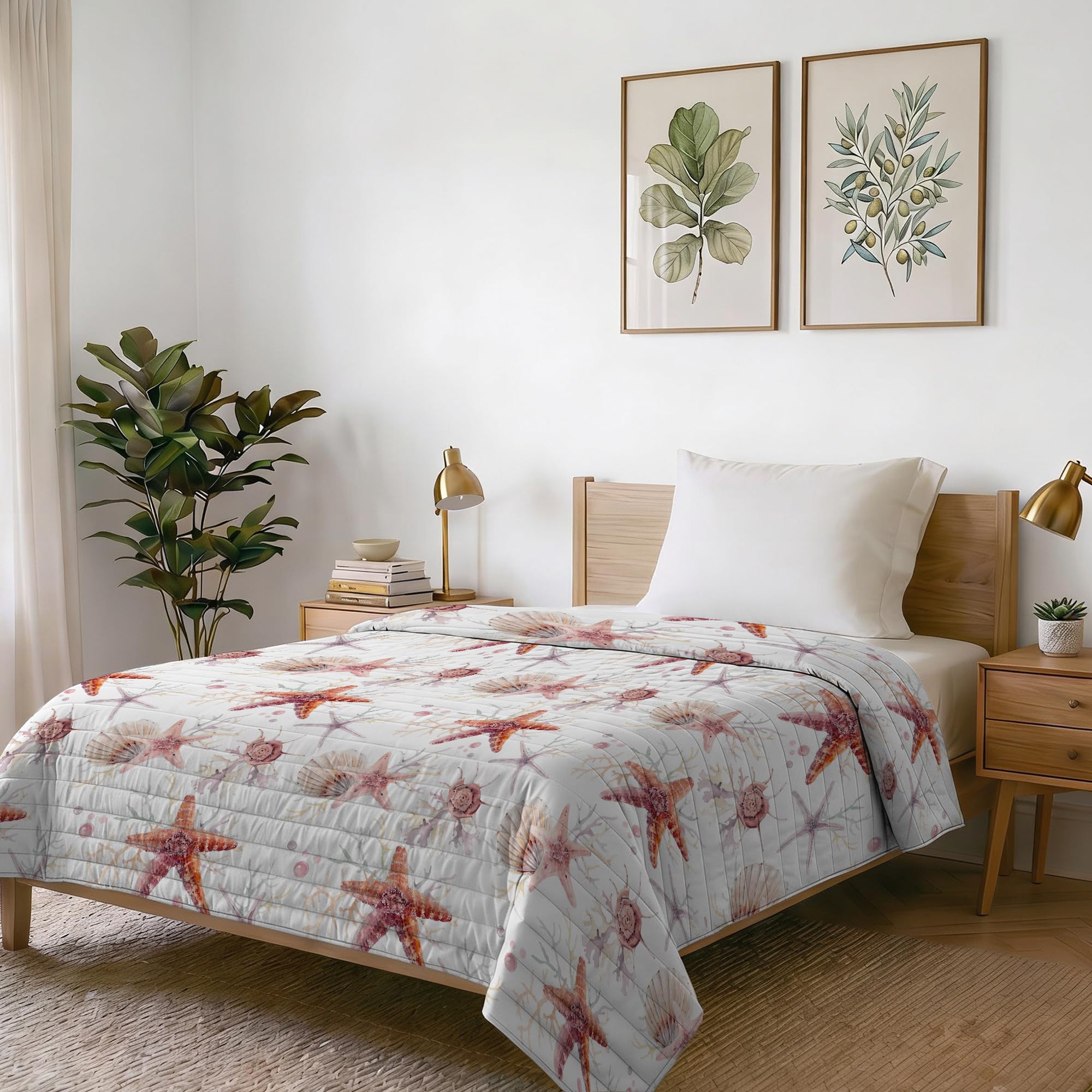 Italian Bed Linen Fantasy Printed Summer Quilt, Polyester Filling, Starfish, 170 x 270 cm