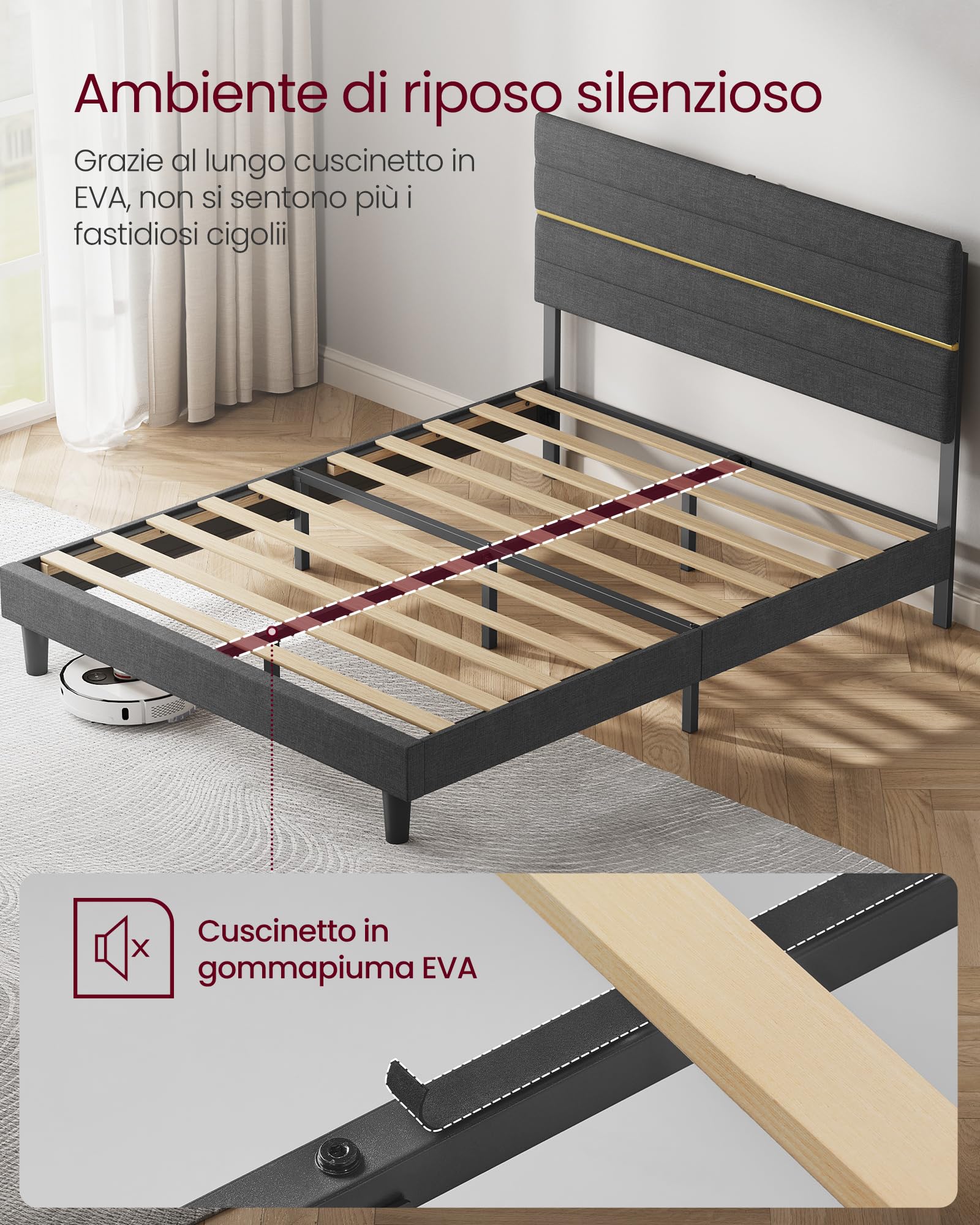 VASAGLE Struttura Letto Matrimoniale, Telaio Letto, per Materasso 160 x 200 cm, Testiera Imbottita Regolabile, Metallo e Legno, Moderno, Grigio Ardesia RMB505G01