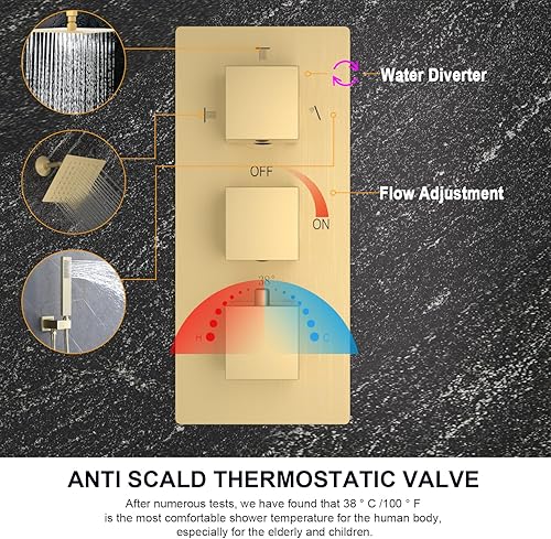 Miniatura 28 de Enga Sistema de ducha termostático doble, grifo de ducha de lluvia doble de montaje en pared de 12 pulgadas + 6 pulgadas, todas las funciones se Oro