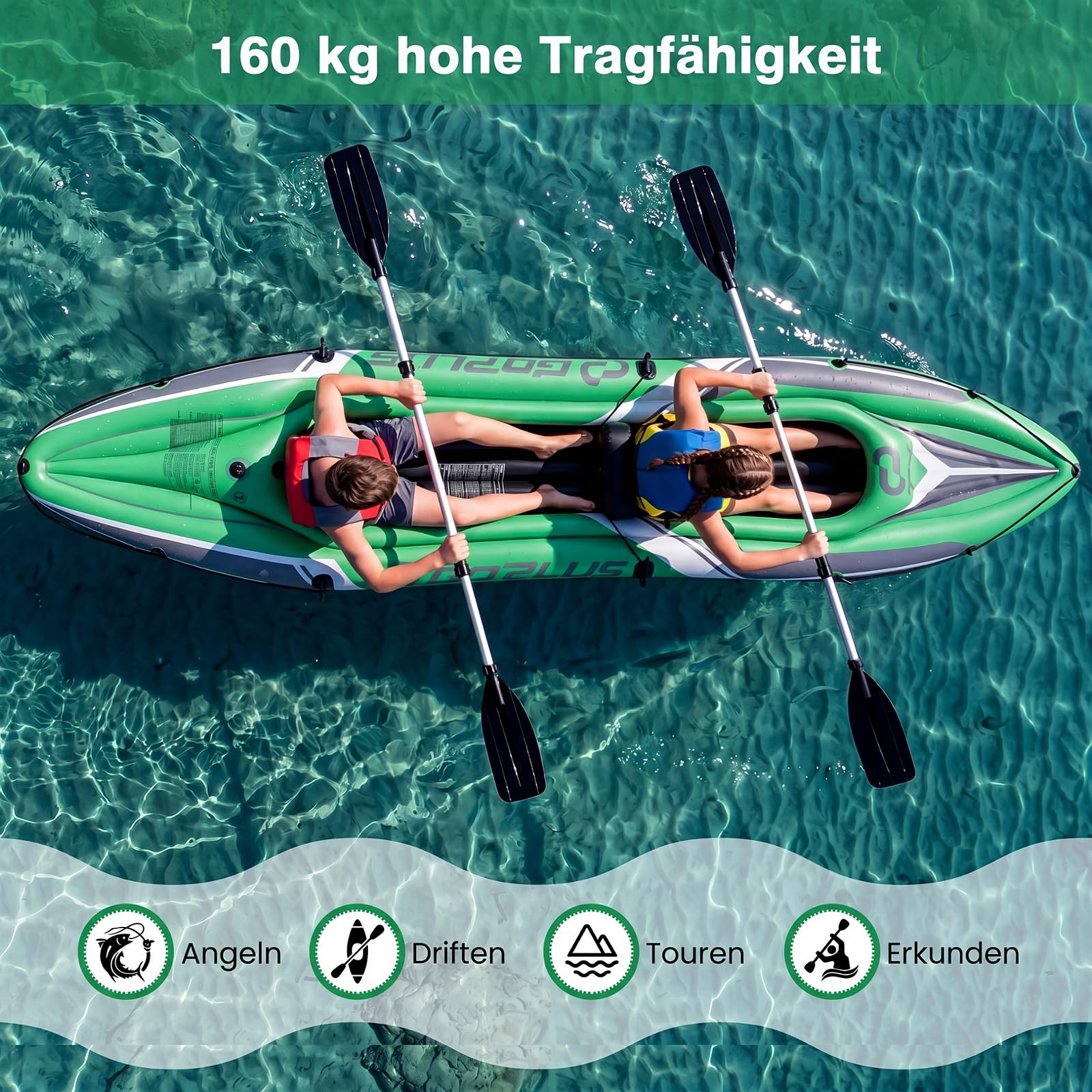COSTWAY Kajak aufblasbar 2 Personen, Schlauchboot | Aufblasbares Kanu mit Aluminiumpaddel, Handpumpe und Reparaturset, 160 kg Gewichtskapazität, Grün