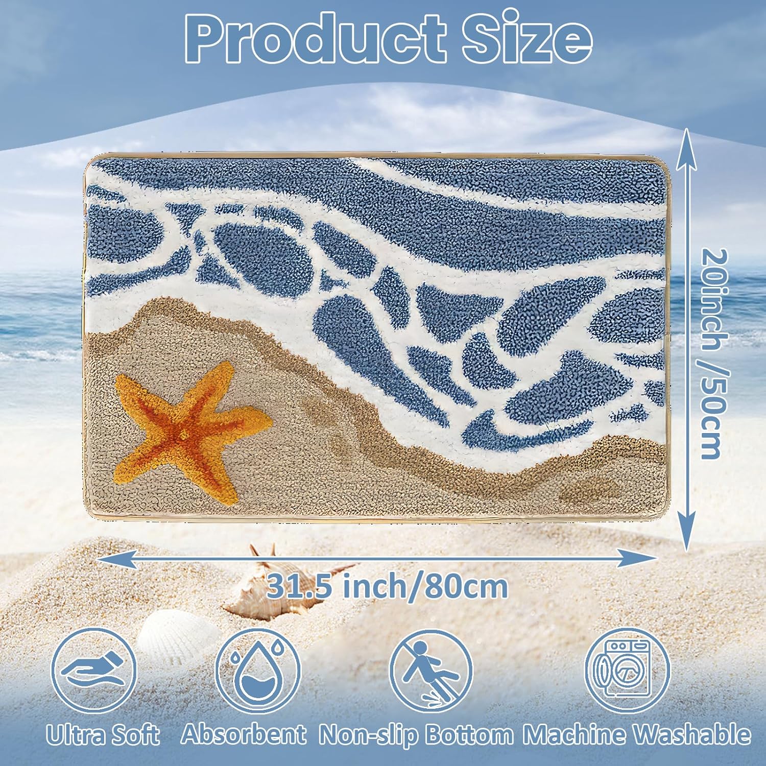 WREWING Beach-Themed Plush Bath Mat, Starfish Story Non-Slip Rug with Non-Slip Backing, Soft Absorbent Polyester Floor Mat for Bathroom, Machine Washable Bath Mats 20 x 31 Inches (Starfish) - Image 2