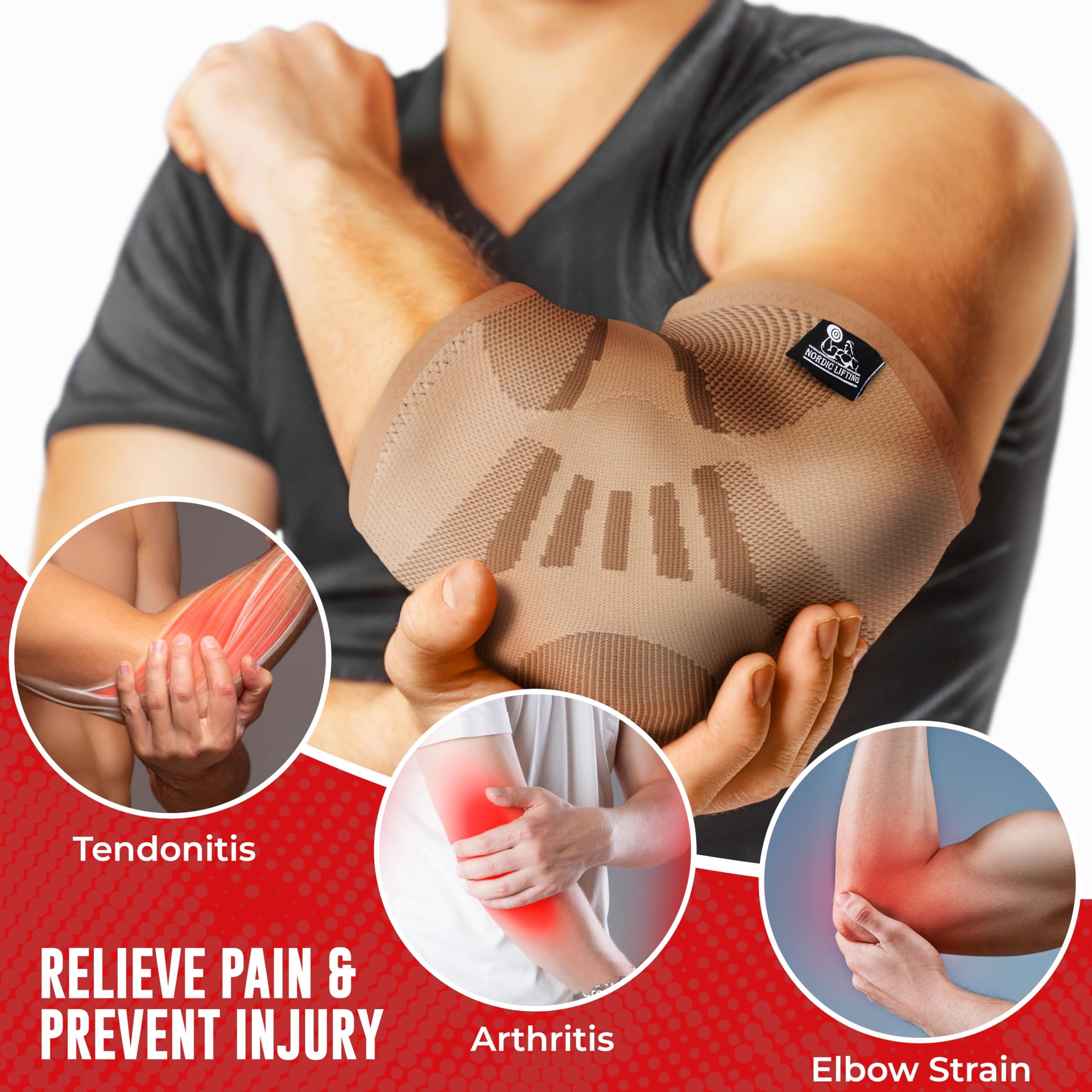 Nordic Lifting Manicotto a compressione per gomito (1 pezzo) per uomini e donne, supporto per alleviare il dolore, tendinite, gomito del golfista e del tennista, tutore per sollevamento pesi per