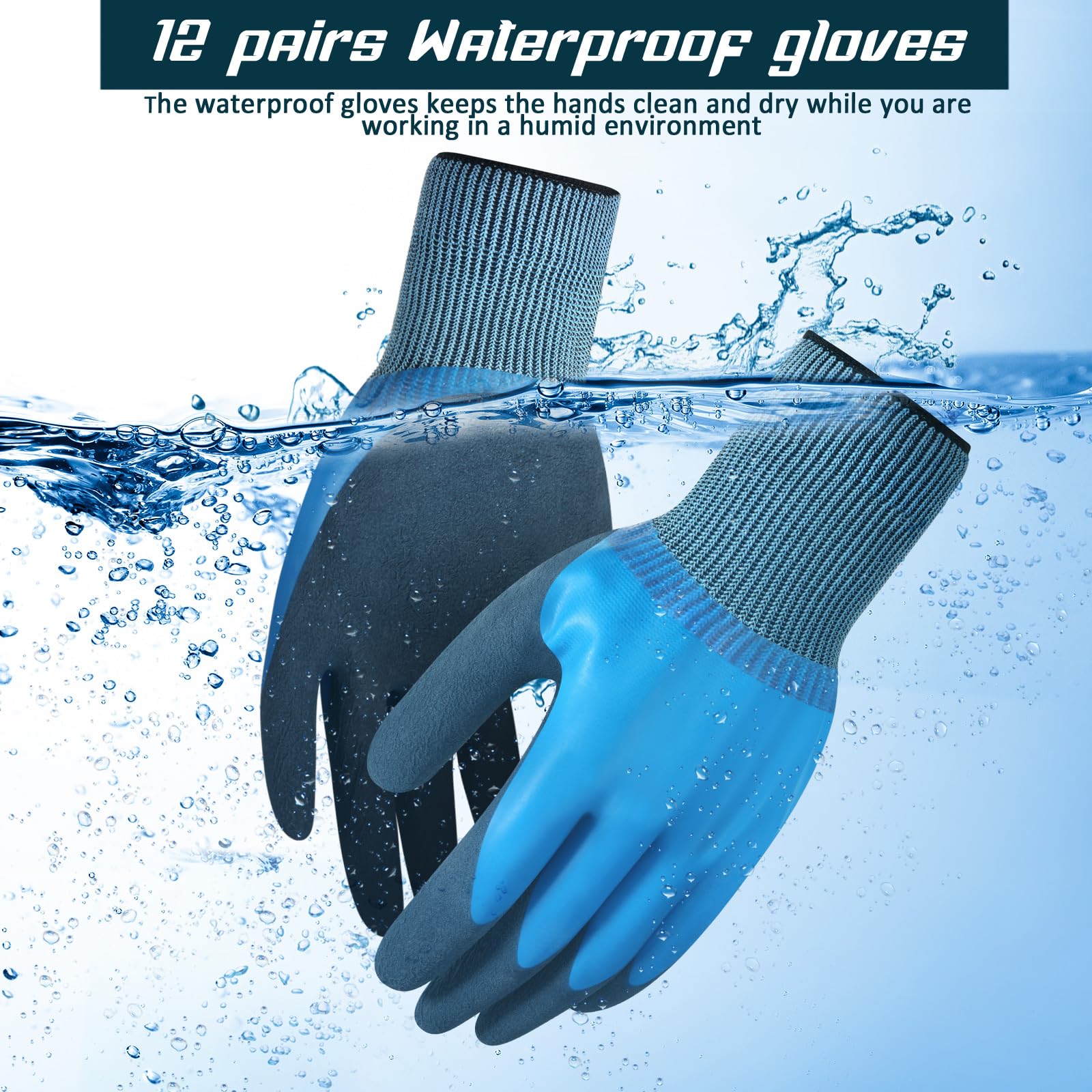 Mimorou 12 Paar Arbeitshandschuhe, wasserdicht, flüssigkeitsdicht, doppelt beschichtet, für Männer und Frauen, Mehrzweck-Handschuhe aus flexiblem Latex, mit Griff, für Gartenarbeit, Autopflege, Angeln
