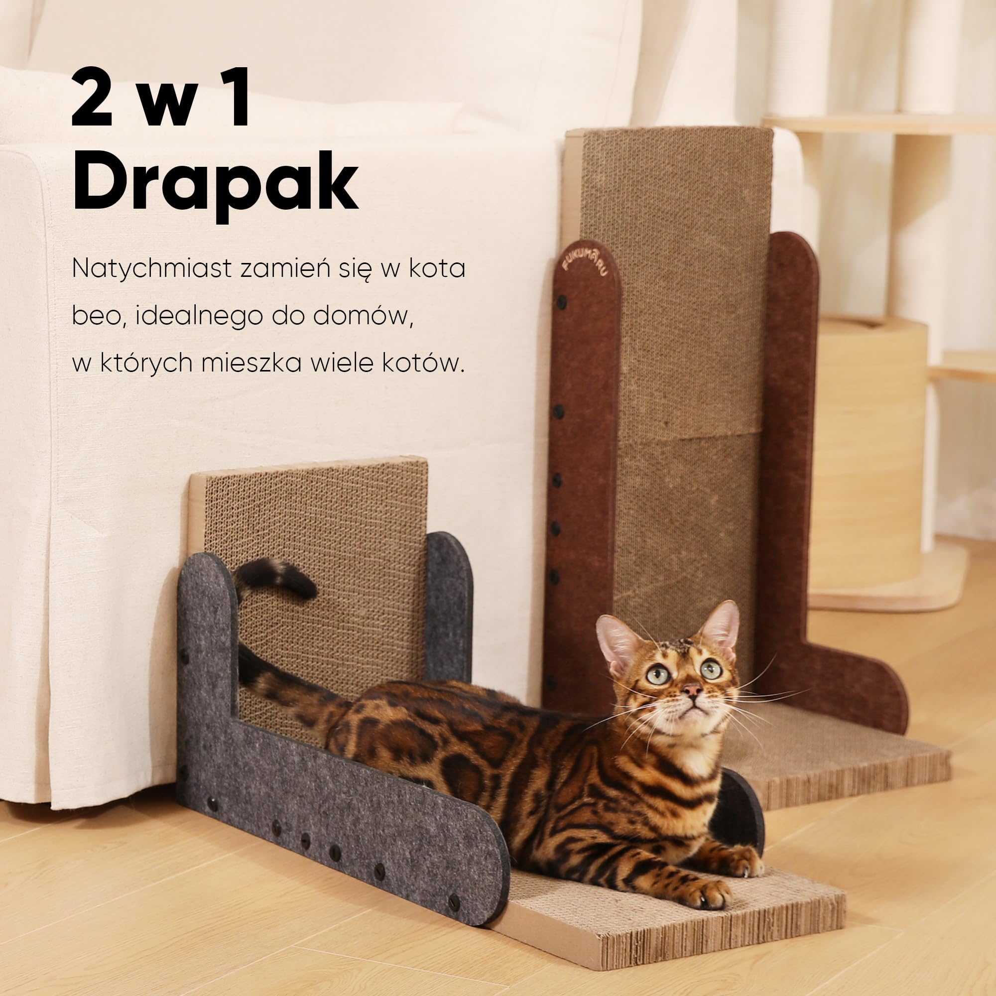 FUKUMARU Drapak dla kota, 68 cm w kształcie litery L, nowoczesna kartonowa deska do drapania dla kotów domowych, filcowy pionowy drapak, ochraniacz na meble, szary