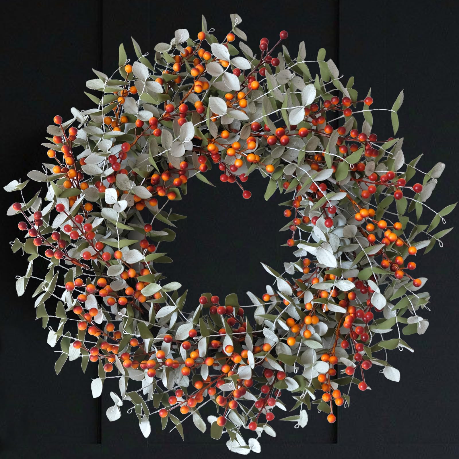 22 Inch Boxwood Orange Berries Wreath for Front Door, Fall Door Wreath for Indoor Outdoor, Soft Touch Greenery with Yellow Orange Berry Door Decor