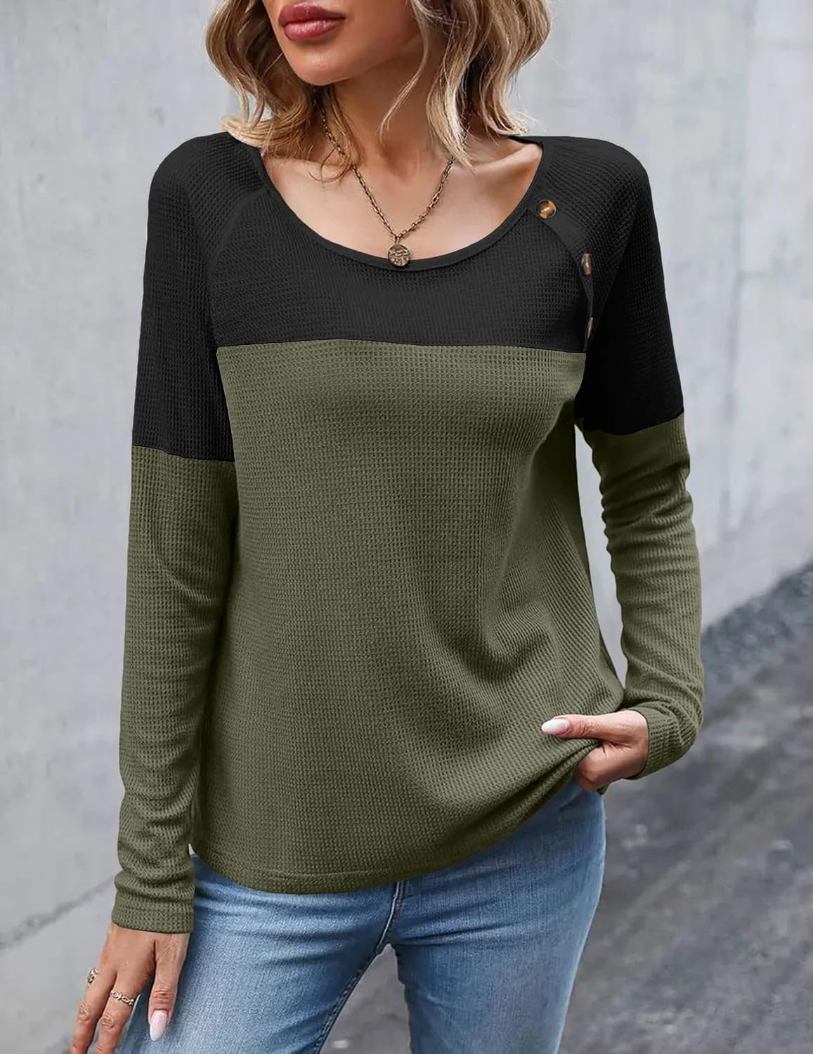 Zeagoo Women Waffle Knit Shirts Long Sleeve Colorblock Tee Button Detail Tunics image 5