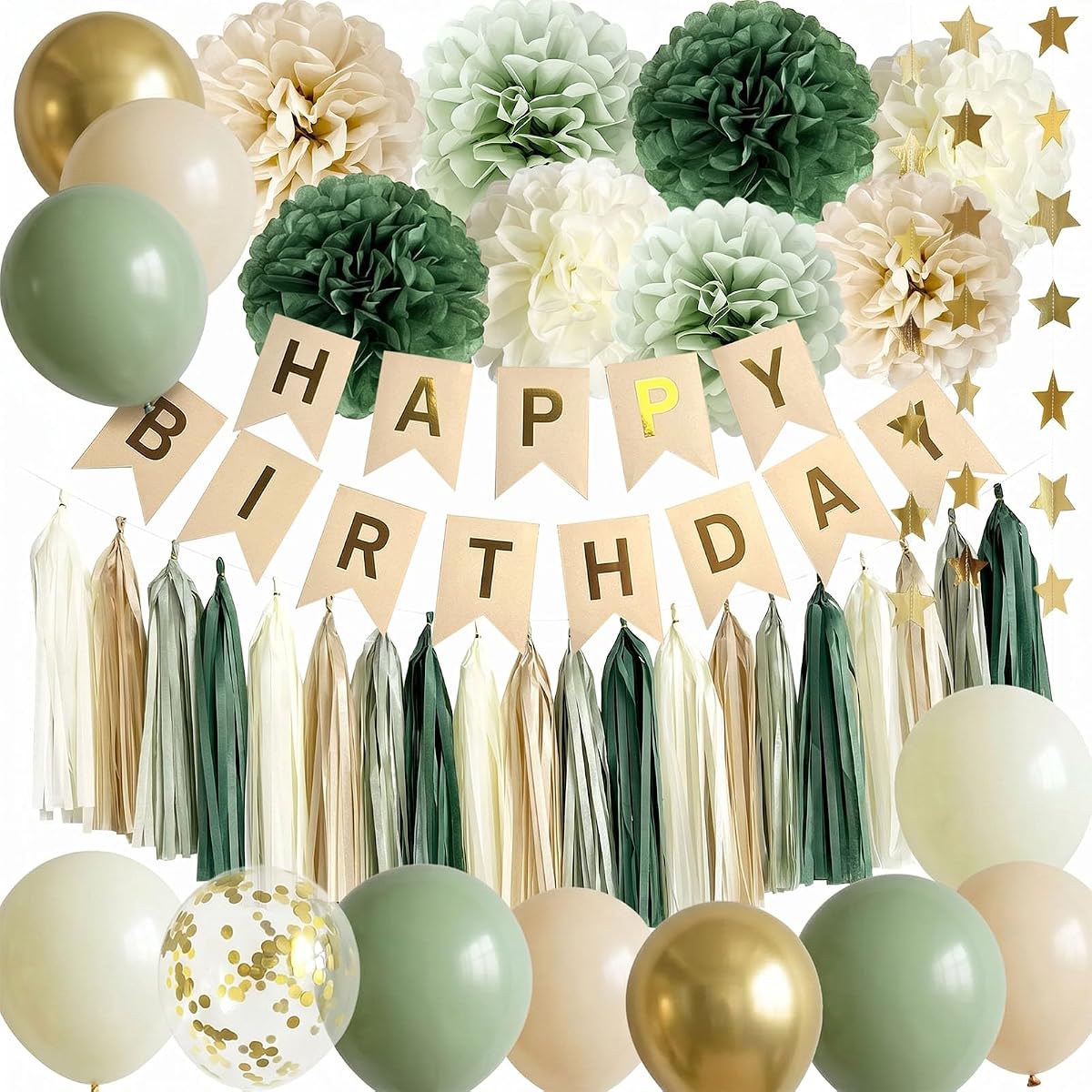 ANSOMO Verde Salvia Feliz Cumpleaños Decoraciones para Fiesta Retro Verde Desnudo Marfil Oliva Oscuro Papel Kraft Banner Globos Neutral Rústico Boho Blush Safari Botánico Verde Salvaje Decoración Suministros Mujeres Adultos