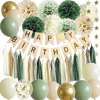 ANSOMO Sage Green Happy Birthday Party Decorations Retro Green Nude Ivory Dark Olive Kraft Paper Banner Balloons Neutral Rustic Boho Blush Safari Botanical Greenery Wild Décor Supplies Women Adults