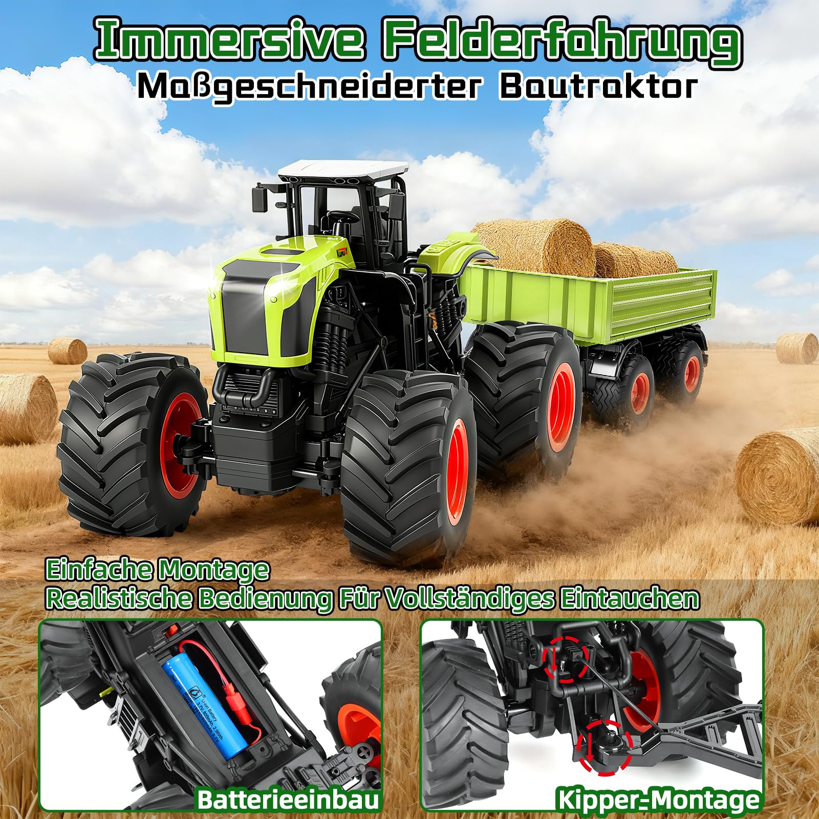 Ulikey Groß Ferngesteuerter Traktor, 1:16 11-Kanal RC Traktor Spielzeug für Kinder, 2.4 Ghz Elektro Trecker Ferngesteuert mit Anhänger, Kuh, Heuhaufen Bauernhof Spielzeug ab 4 5 6 7 8 9 Jahre