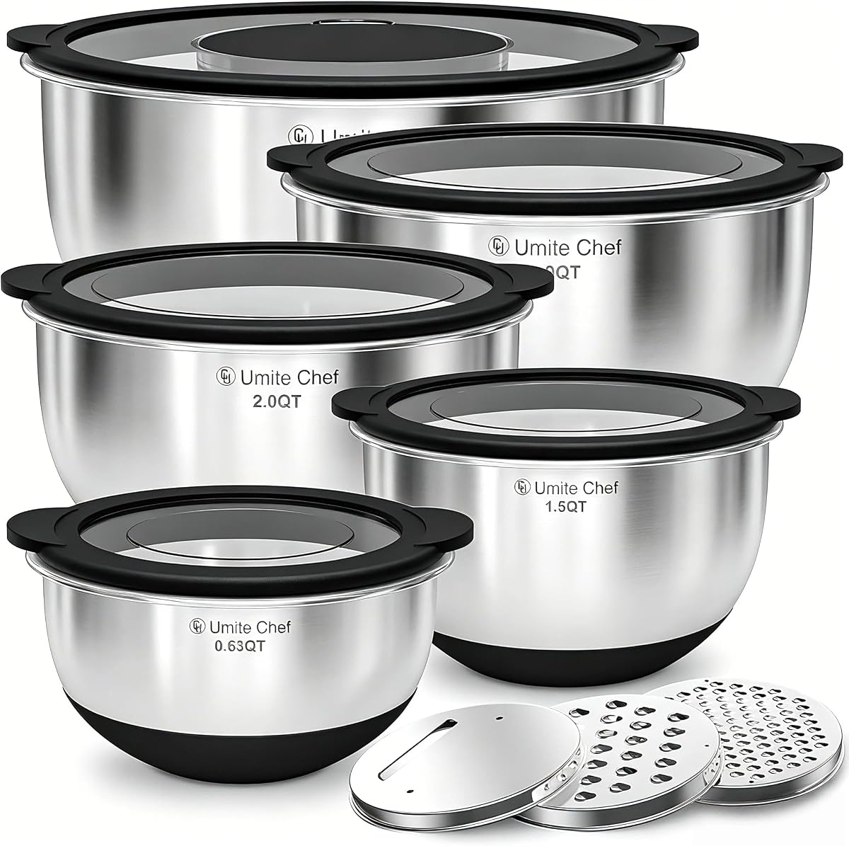 Mixing Bowls with Lids Set - Non-Slip, Airtight Warp-Proof TPR-AS Lids, Thicker Stainless Steel Bowls, Measurement Lines & 3 Graters, Prep Meal Bowl, Black Nesting Bowl for Kitchen, 5/3/2/1.5/0.63QT