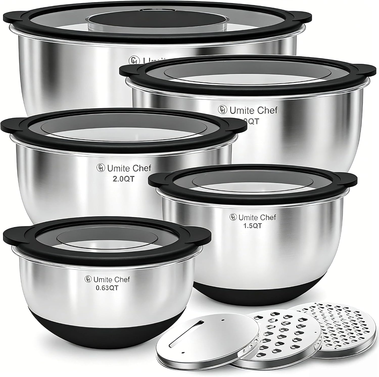 Mixing Bowls with Lids Set - Non-Slip, Airtight Warp-Proof TPR-AS Lids, Thicker Stainless Steel Bowls, Measurement Lines & 3 Graters, Prep Meal Bowl, Black Nesting Bowl for Kitchen, 5/3/2/1.5/0.63QT