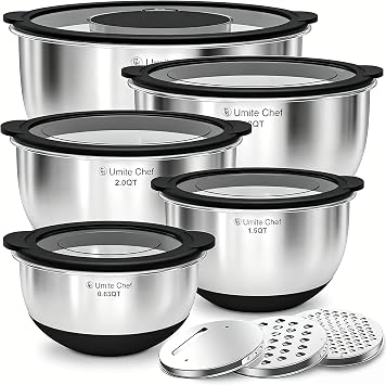 Mixing Bowls with Lids Set - Non-Slip, Airtight Warp-Proof TPR-AS Lids, Thicker Stainless Steel Bowls, Measurement Lines & 3 Graters, Prep Meal Bowl, Black Nesting Bowl for Kitchen, 5/3/2/1.5/0.63QT