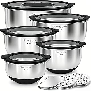 Mixing Bowls with Lids Set - Non-Slip, Airtight Warp-Proof TPR-AS Lids, Thicker Stainless Steel Bowls, Measurement Lines & 3 Graters, Prep Meal Bowl, Black Nesting Bowl for Kitchen, 5/3/2/1.5/0.63QT