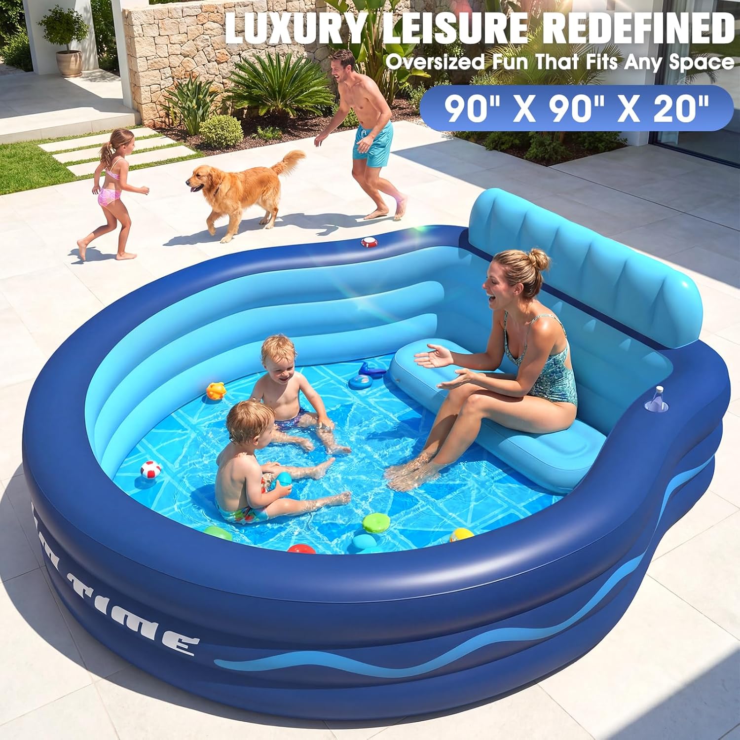 Inflatable Pool with Seats and Headrest,Oversized Thickened Large Blow Up Pool for Audlt,Inflatable Backyard Pools for Adult,Durable Swim Center Inflatable Family Lounge Pool 90"×90"×20"-Navy