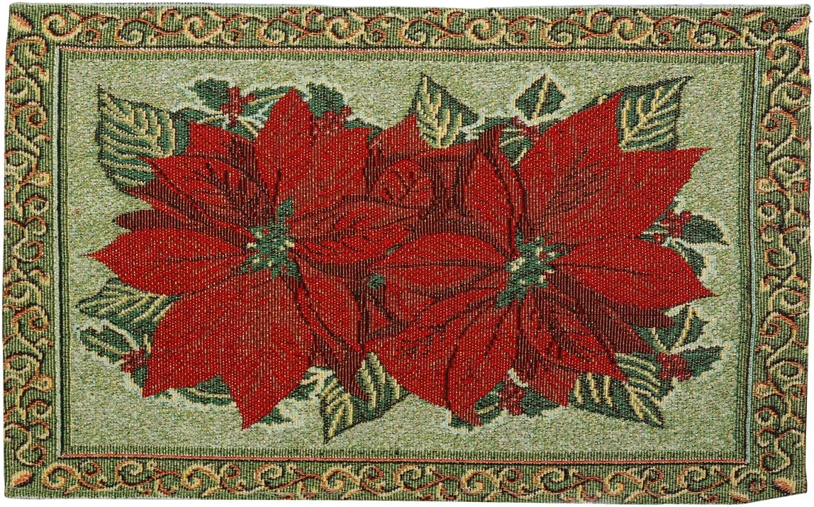 MyMadison Home Set of 6 Dinner Dining Table Placemats 100% Cotton Floral Red Poinsettia Flower Designer Jacquard Collection Machine Washable Everyday Use Table Mats(13 X 18 Inch)