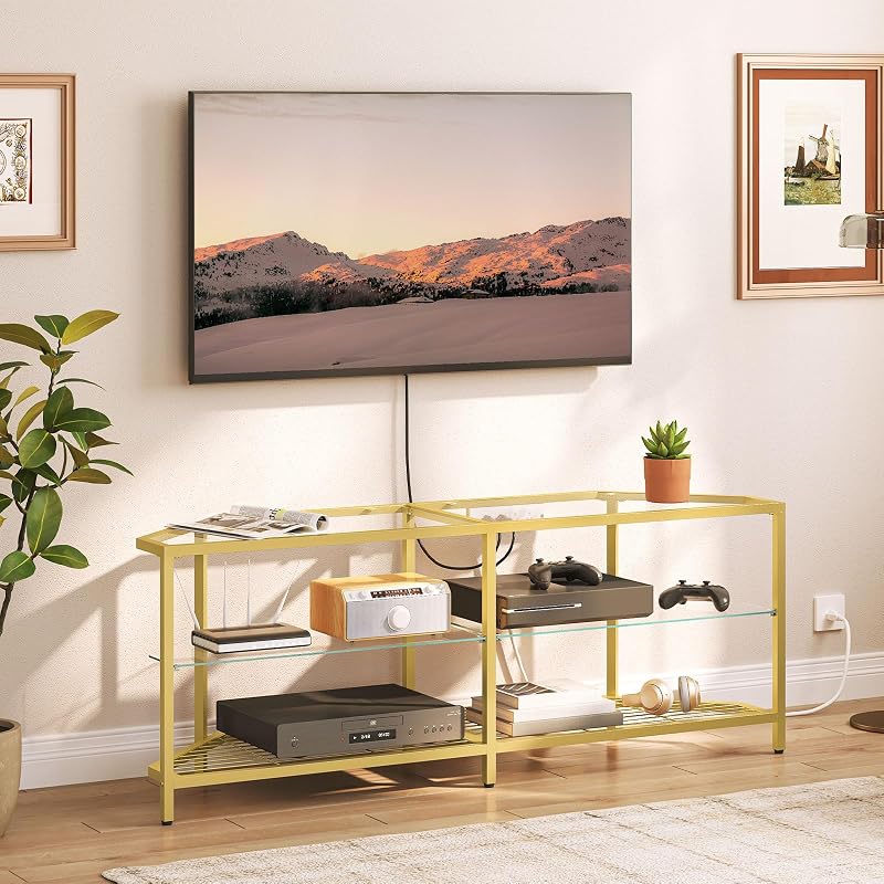 HOOBRO Corner TV Stand with Power Outlet for TVs up to 55", Modern 55" Corner TV Console Table with Open Shelves, Tempered Glass Media Entertainment Center for Living Room, Bedroom, Gold GD143UDS01 image 5