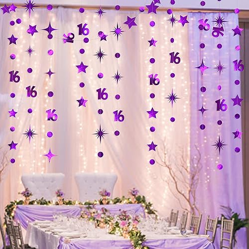 Miniatura 3 de Kit de guirnalda de número 16 morado con puntos circulares y estrellas centelleantes, serpentina metálica para colgar, banderines, banderines, telón