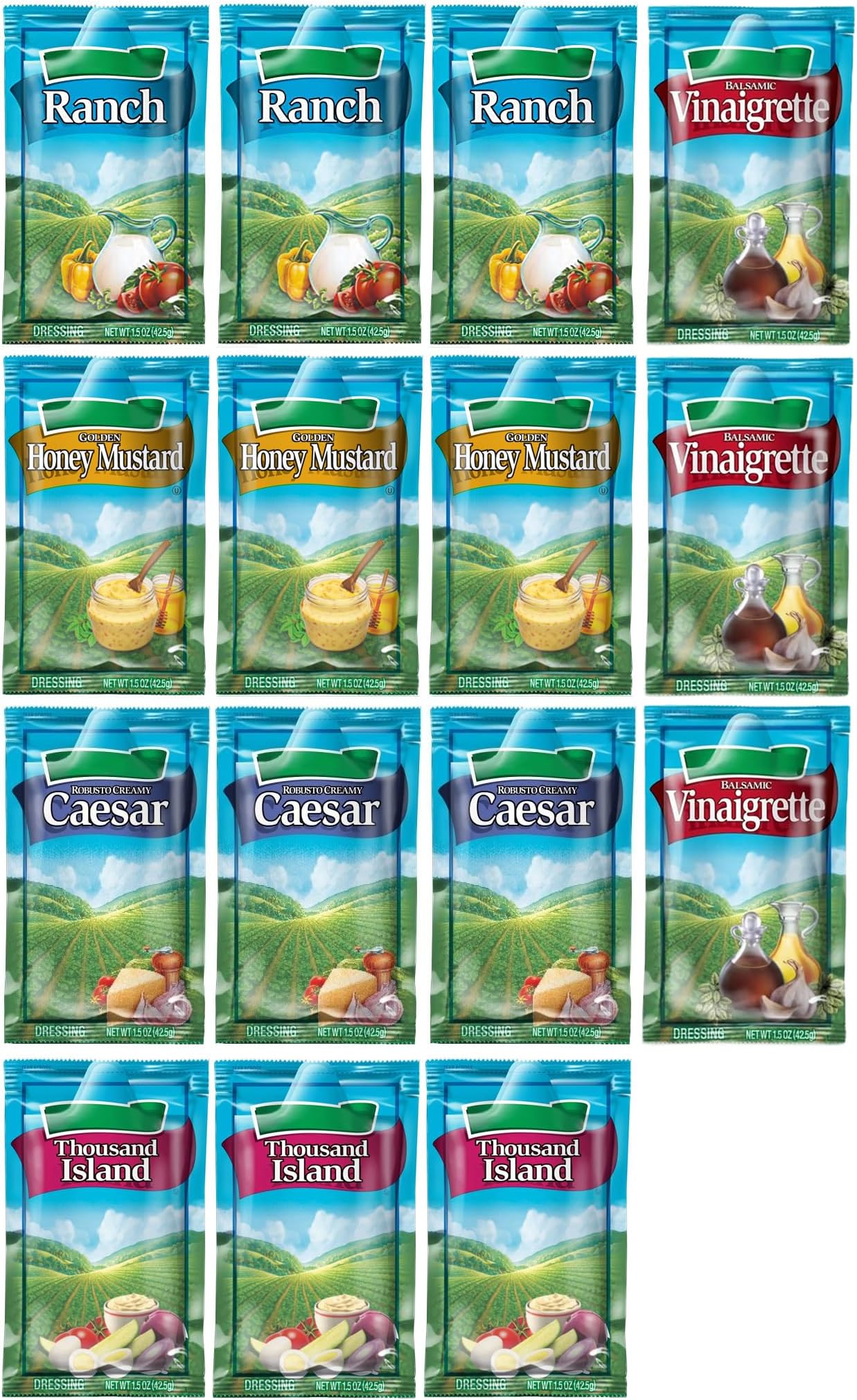 Salad Dressing | 15 Packets | 1.5oz each (Combo - Ranch, Honey Mustard, Balsamic Vinaigrette, Caesar, Thousand Island)
