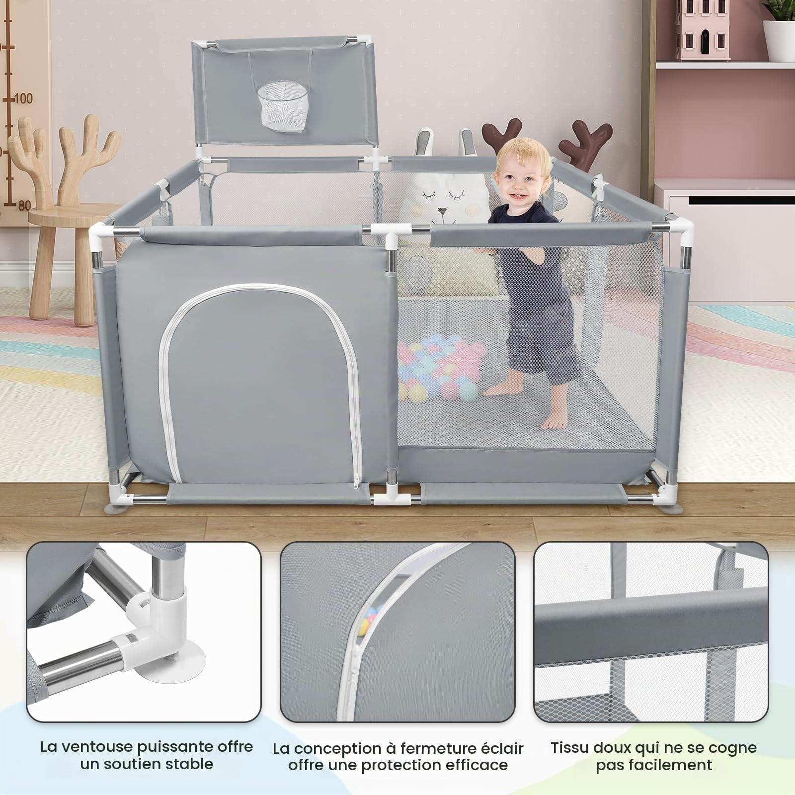Parc Bebe,parc avec tapis pour bébés et tout-petits, petit parc pour bébé avec tapis,Grand Parc Adapté Intérieur Extérieur avec Grille de Protection,Barre avec Jouets (Gris clair 126 * 126 * 66cm)