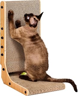 EHEYCIGA Cardboard Cat Scratcher for Indoor Cats, 19 Inch, Brown | L Shaped Scratching Post, Vertical Cat Scratching Board with Ball Cat Toy, Furniture Protector, Kitten Cat Scratch Pad