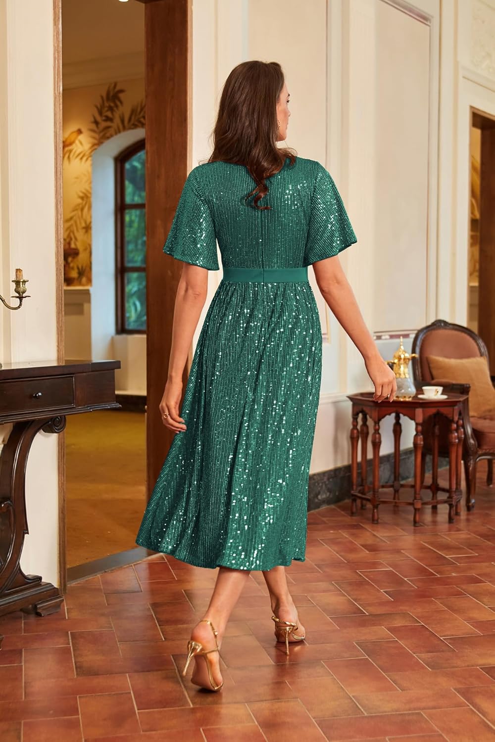 GRACE KARIN Women's Sequin V Neck Ruffle Sleeve Empire Waist Sparkly Glitter A Line Cocktail Formal Dresses - Image 5