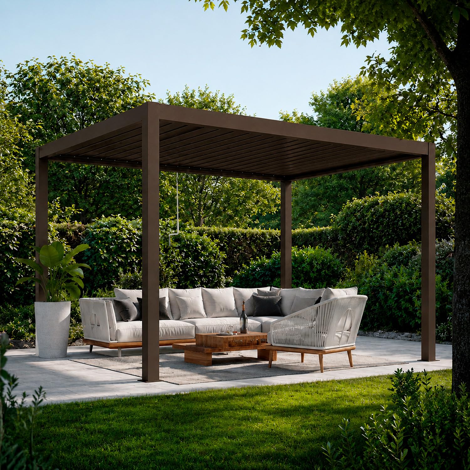 Pergola Bioclimatica 3x4 Metri Gazebo Con Copertura A Lamelle Orientabili Sistema Di Drenaggio Struttura In Alluminio E Acciaio Anti UV Per Giardino Terrazza E Piscina Marrone Opaco