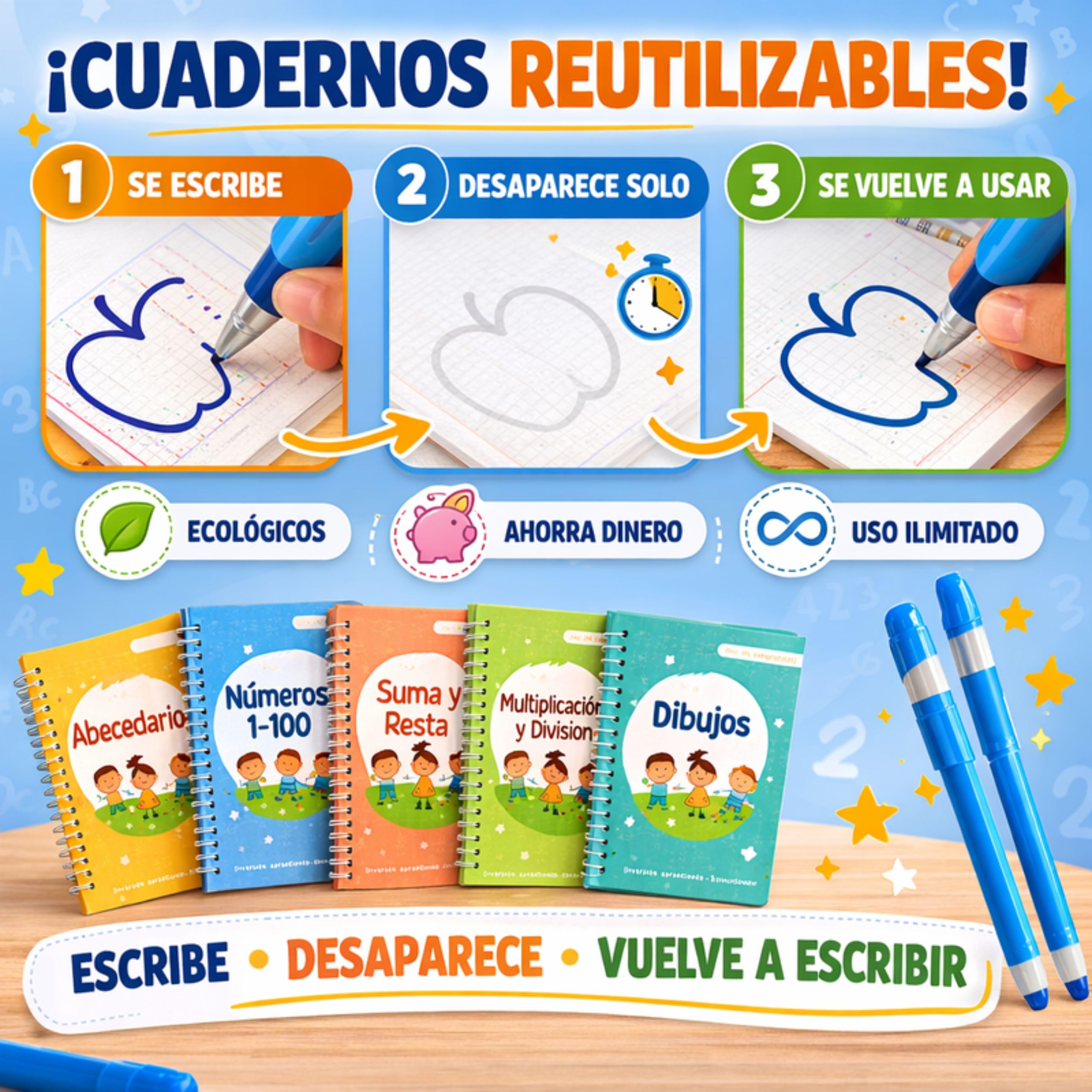 Caligrafia Niños de 4 hasta 8 Años - Cuaderno Caligrafia Infantil Aprender a Escribir y Dibujar - 5 Libros Magicos de Escritura Trazado de Lineas -Incluye Boligrafos Magicos, 20 Recambios y un Estuche