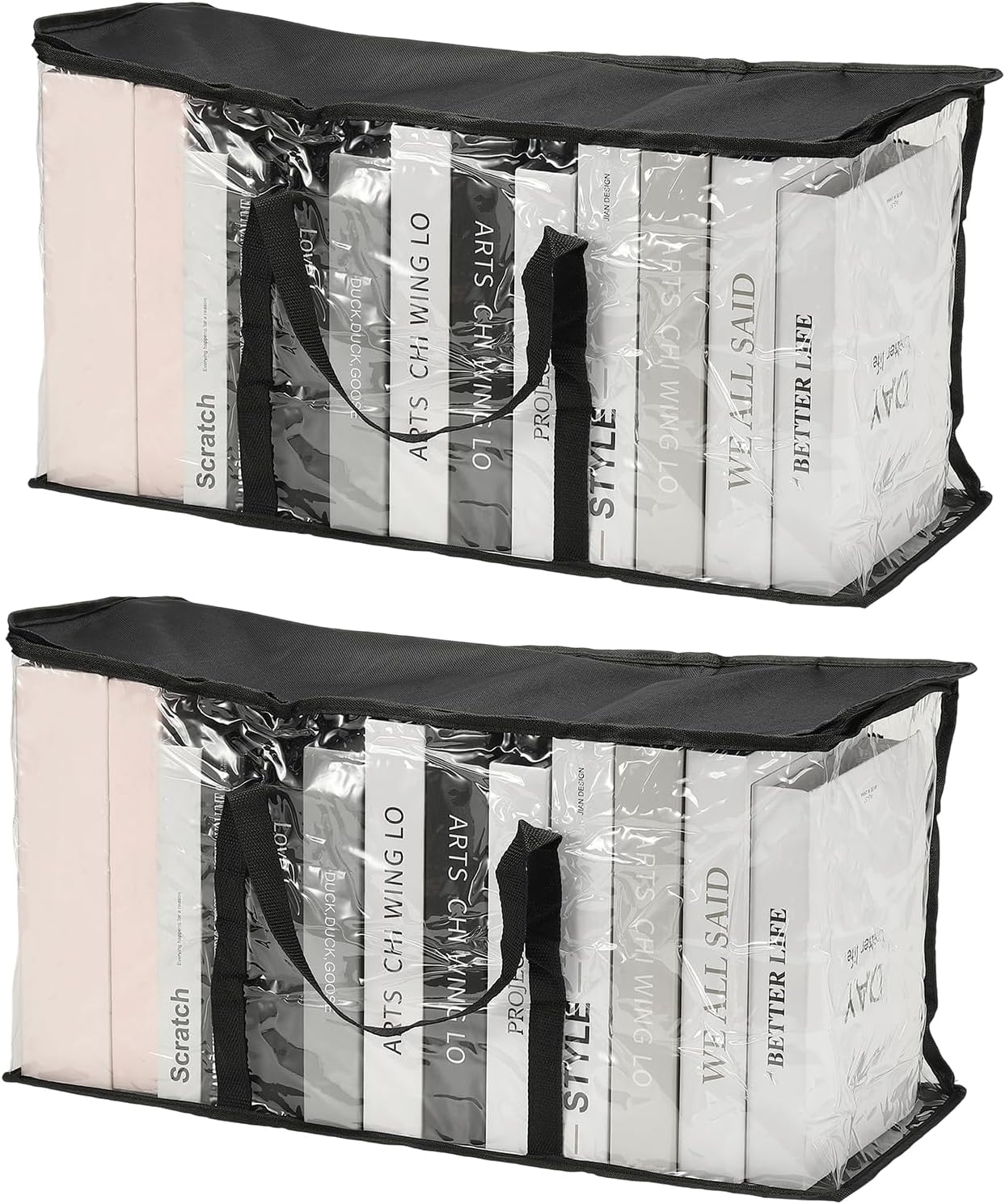 PATIKIL 25.6x7.9x23.6in Clear Storage Bags, 2PCS Plastic Storage Bags Clear Large Zippered Organizers Foldable Closet Bed Sheet Organizer Cube with Zipper for Book Clothes Yarn,XL, Black