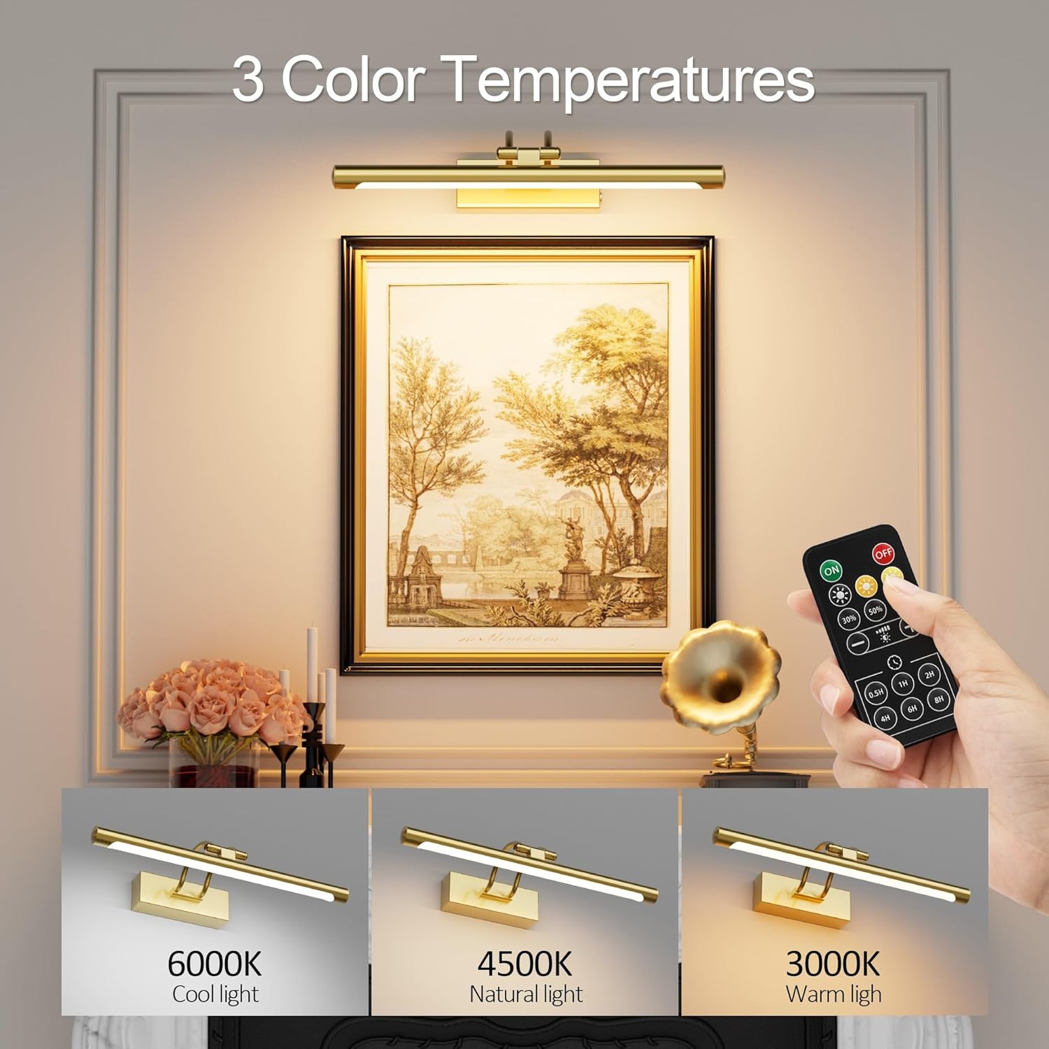 Cordless Picture Light with Remote, Battery Operated Wall Sconce for Artwork, 3 Colors Painting Light Dimmable and Timer, Wireless Art Light for Display (Gold)