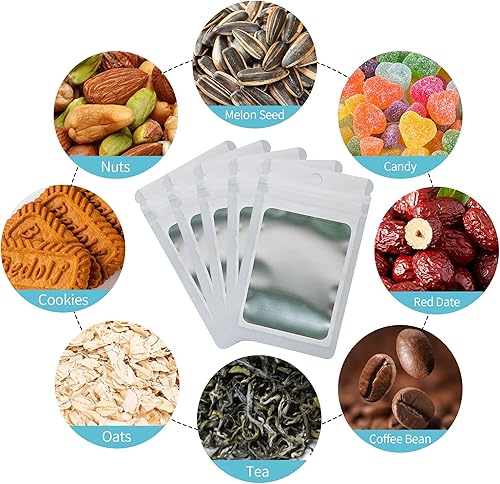 Miniatura 9 de 100 bolsas holográficas de Mylar resellables blancas, bolsas de almacenamiento de alimentos, a prueba de olores, con ventana frontal, bolsa de