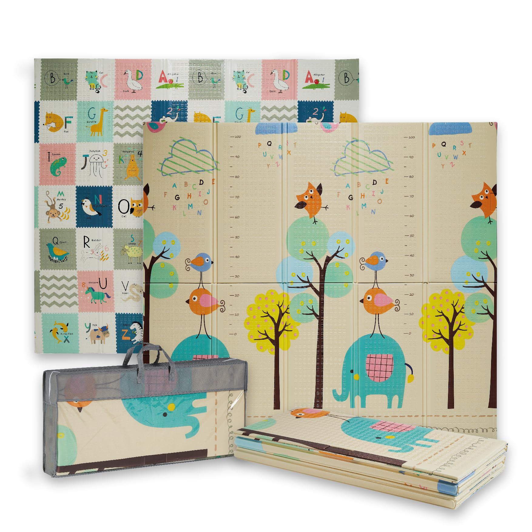 Buddy Baby - Alfombra de Juegos para Bebé XXL180x200 cm - Doble Cara, Tapete Muy acolchado, Plegable y con Bolsa de transporte (Forest/Letras)