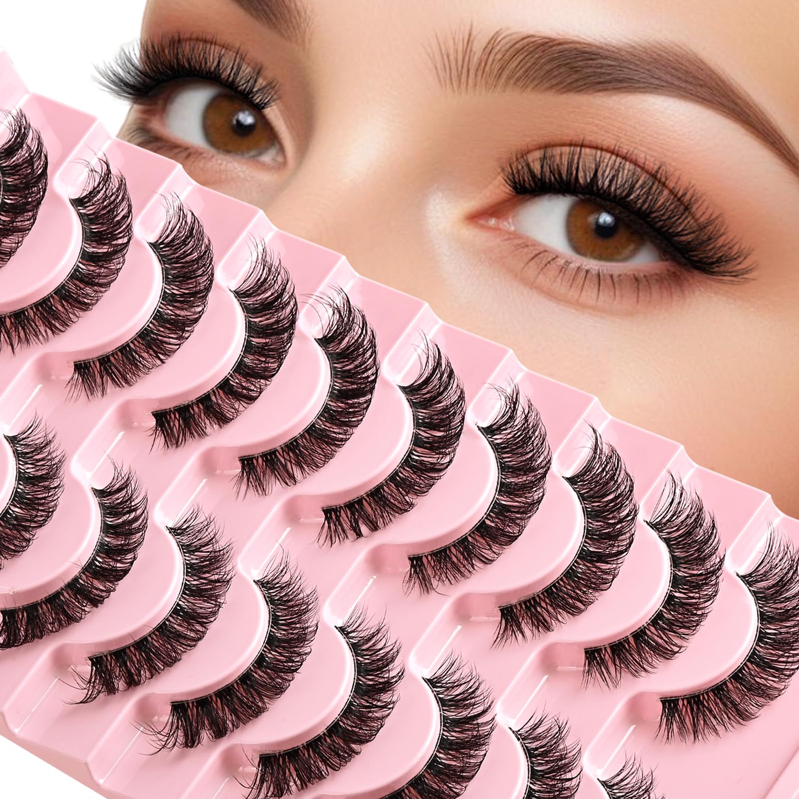 APCYUST Lashes False Wispy Eyelashes Natural Cat Eye Lash Strips 10 Pairs Fake Mink Eyelash Pack 9-14mm Natural
