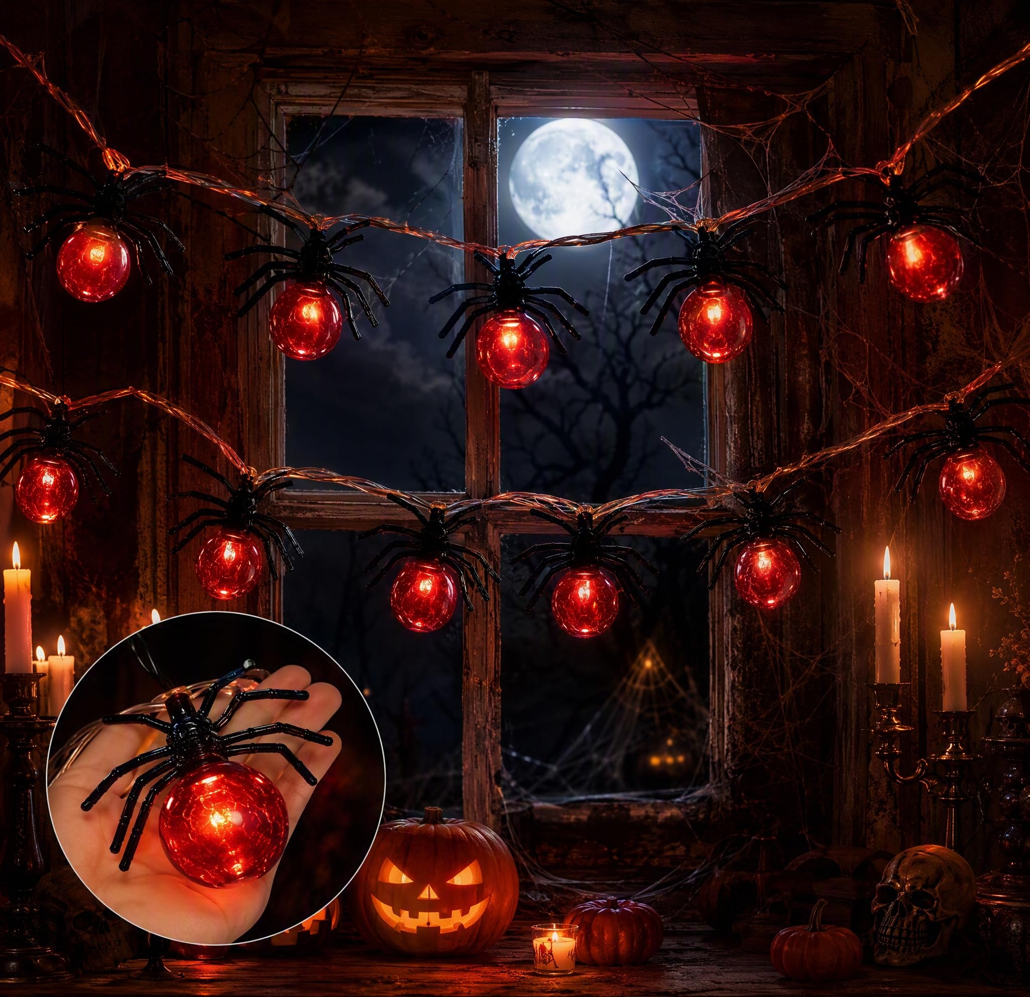 DiiWmme​ Spider String Lights,20 LED 3m Halloween Lights Decor，Red