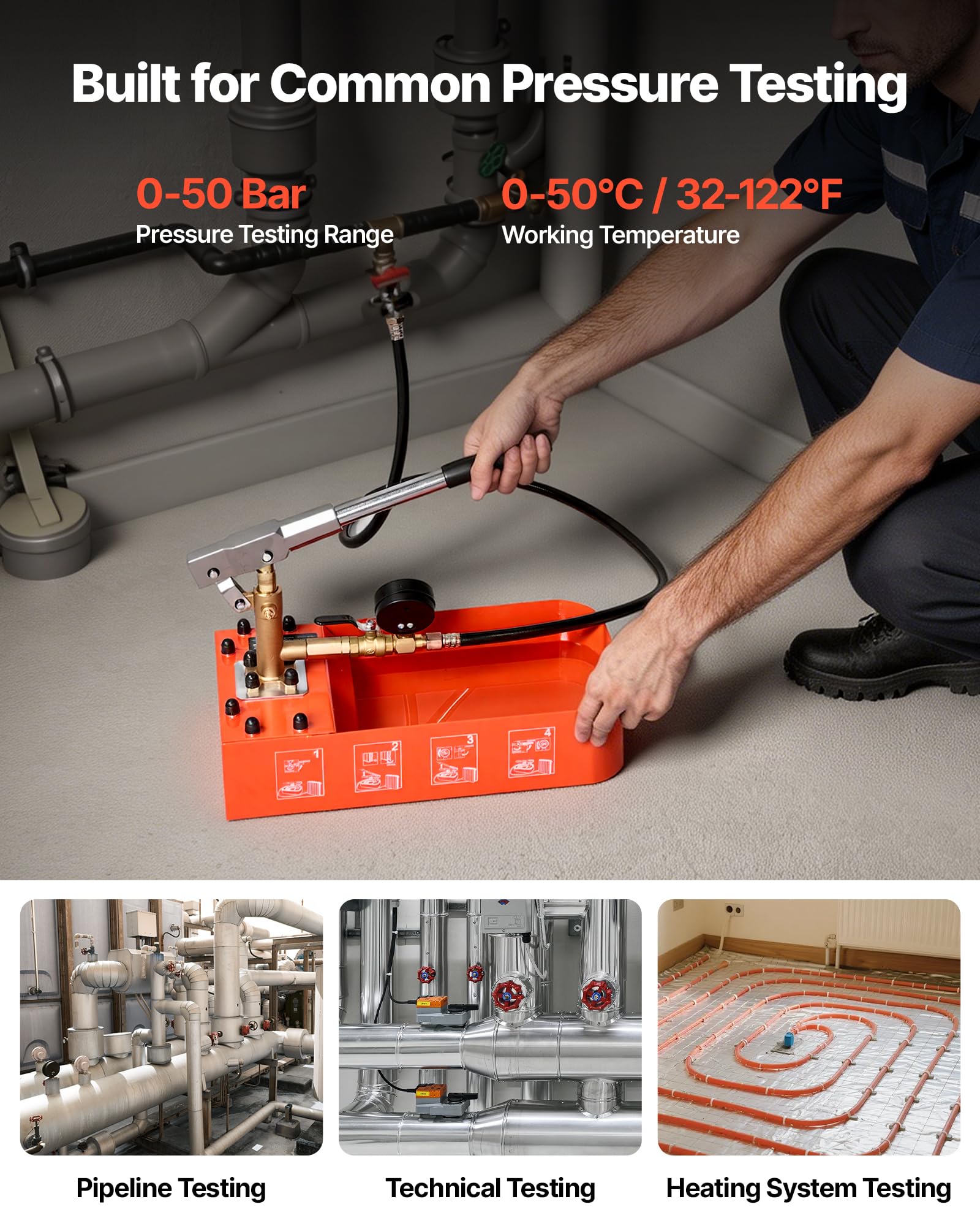VEVOR Bomba de Prueba de Presión Hidráulica 7,57 L, Manual, Válvula Simple | Rango de prueba de 0-50 bar, Con Manómetro y Tanque, Material Resistente, Para Sistemas de Tuberías de Agua, Calefacción