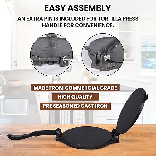 Miniatura 3 de Prensa para tortillas, máquina para hacer tortillas de hierro fundido pre-sazonado con mango y pasadores, plancha de prensa de tortillas de grado