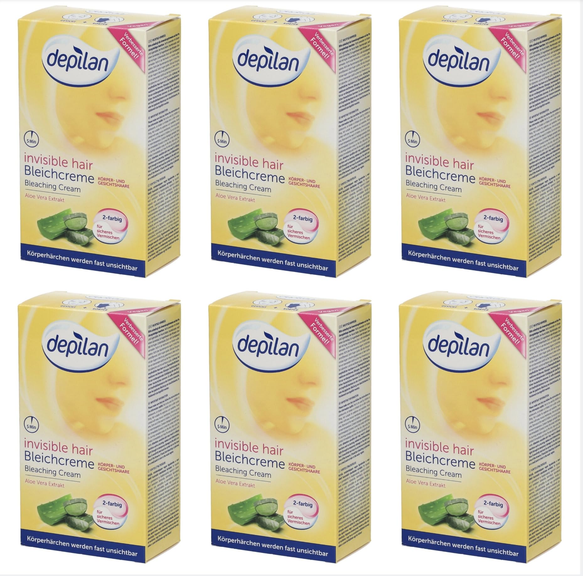 Depilan Invisible Bleichcreme für Körper- und Gesichtshaare 6 x 2x50ml