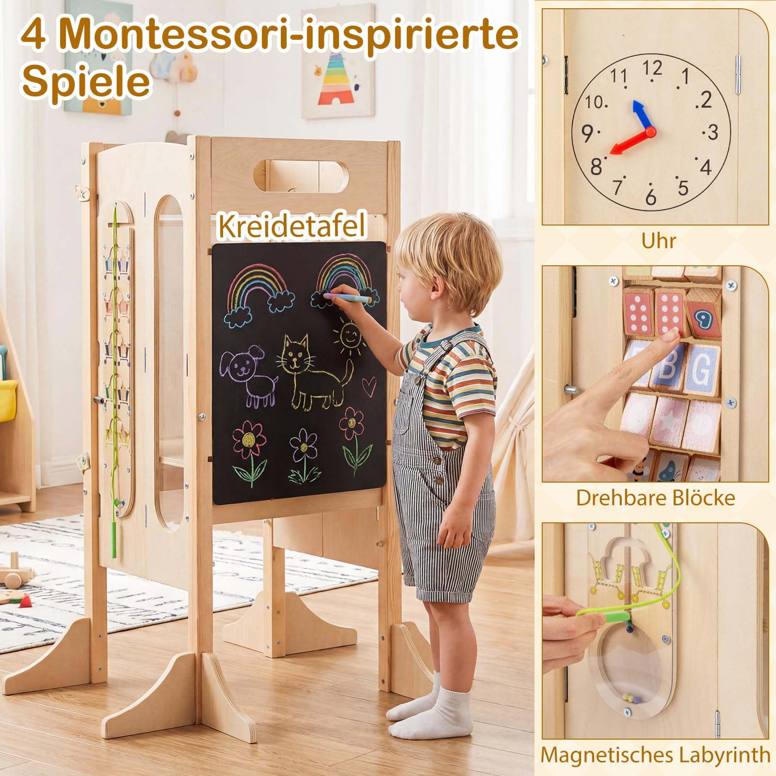 COSTWAY 4 in 1 Lernturm klappbar, Tritthocker aus Holz mit 2-Stufen Hocker, Tafel & abnehmbarem Sicherheitsnetz, Learning Tower Montessori, Tritthschemel für Kinder ab 3 Jahren, Natur
