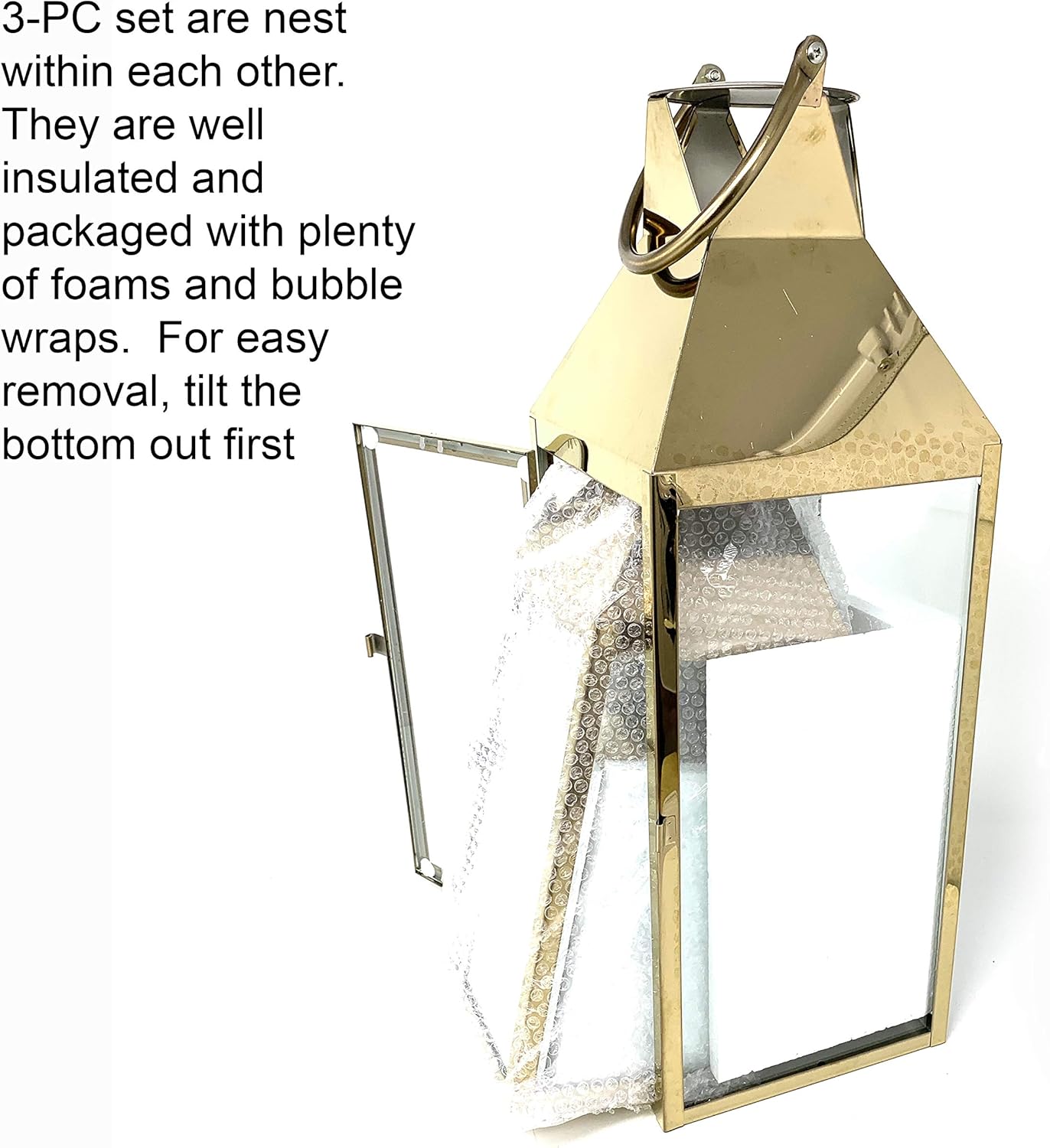 Allgala 3-PC Lantern Set 24 Inch Jumbo Deluxe Modern Indoor/Outdoor Candle Lantern Set Gold Stainless Steel Frame Tempered Glass Pyramid Top for Garden Poolside Fireplace Wedding